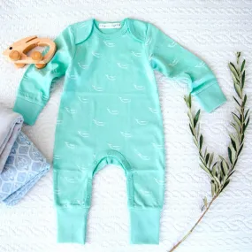 100% Organic Cotton Baby Sleepsuit - Sage Green Tiny Whales