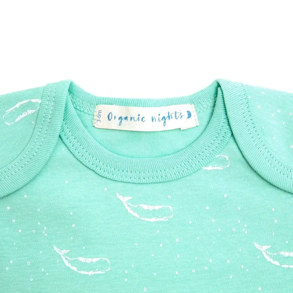 100% Organic Cotton Baby Sleepsuit - Sage Green Tiny Whales