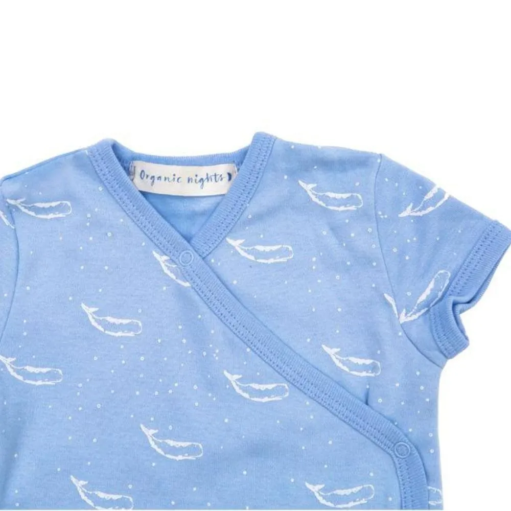 100% Organic Cotton Summer Short Sleeve Crossover Sleepsuit - Tiny Whales in Hydrangea Blue