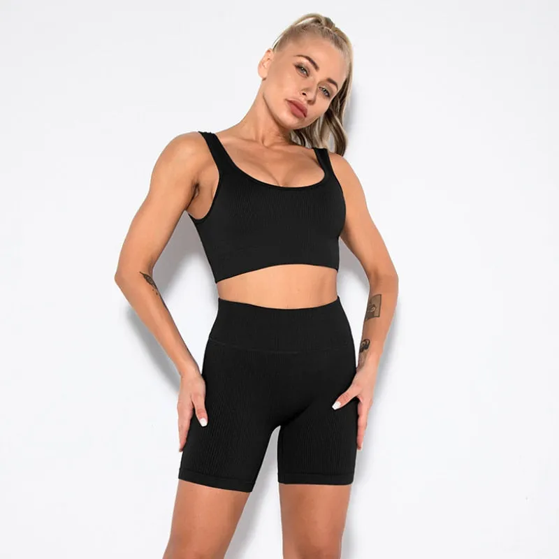 2 Piece Gym Set Women Seamless Leggings Sports Bra Workout Shorts Set Fitness Crop Top Running Outfit Suit Tracksuit Clothing