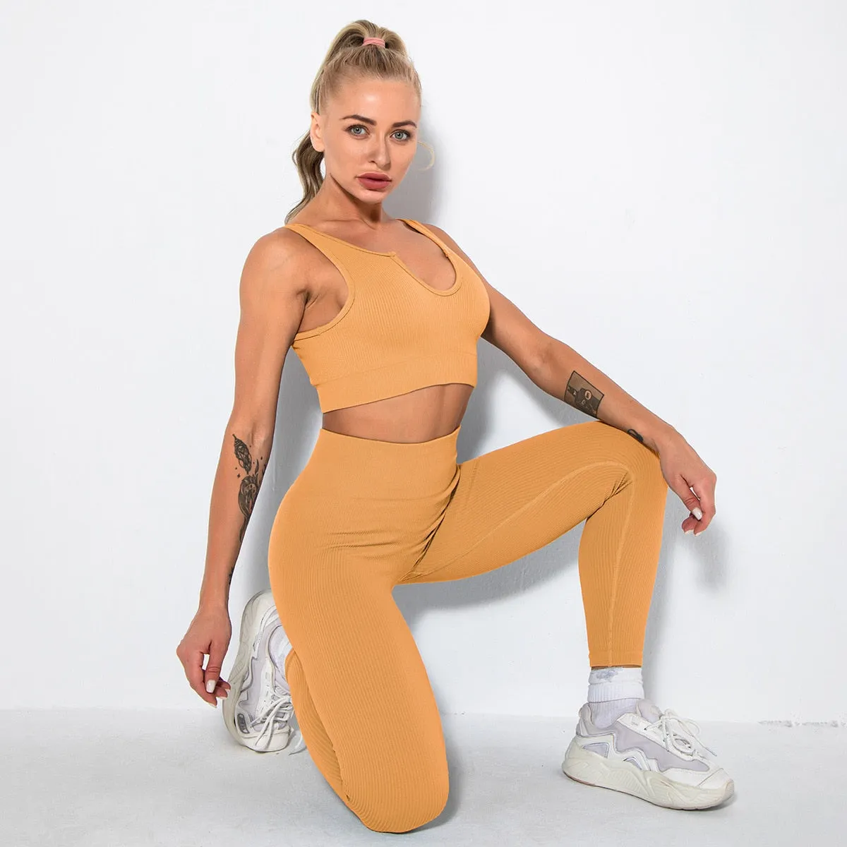 4Pcs Seamless Yoga Sets Womens 2 Piece Ribbed Workout Outfits Bra Shorts Sports Leggings Matching Sets Fitness Suits Gym Clothes