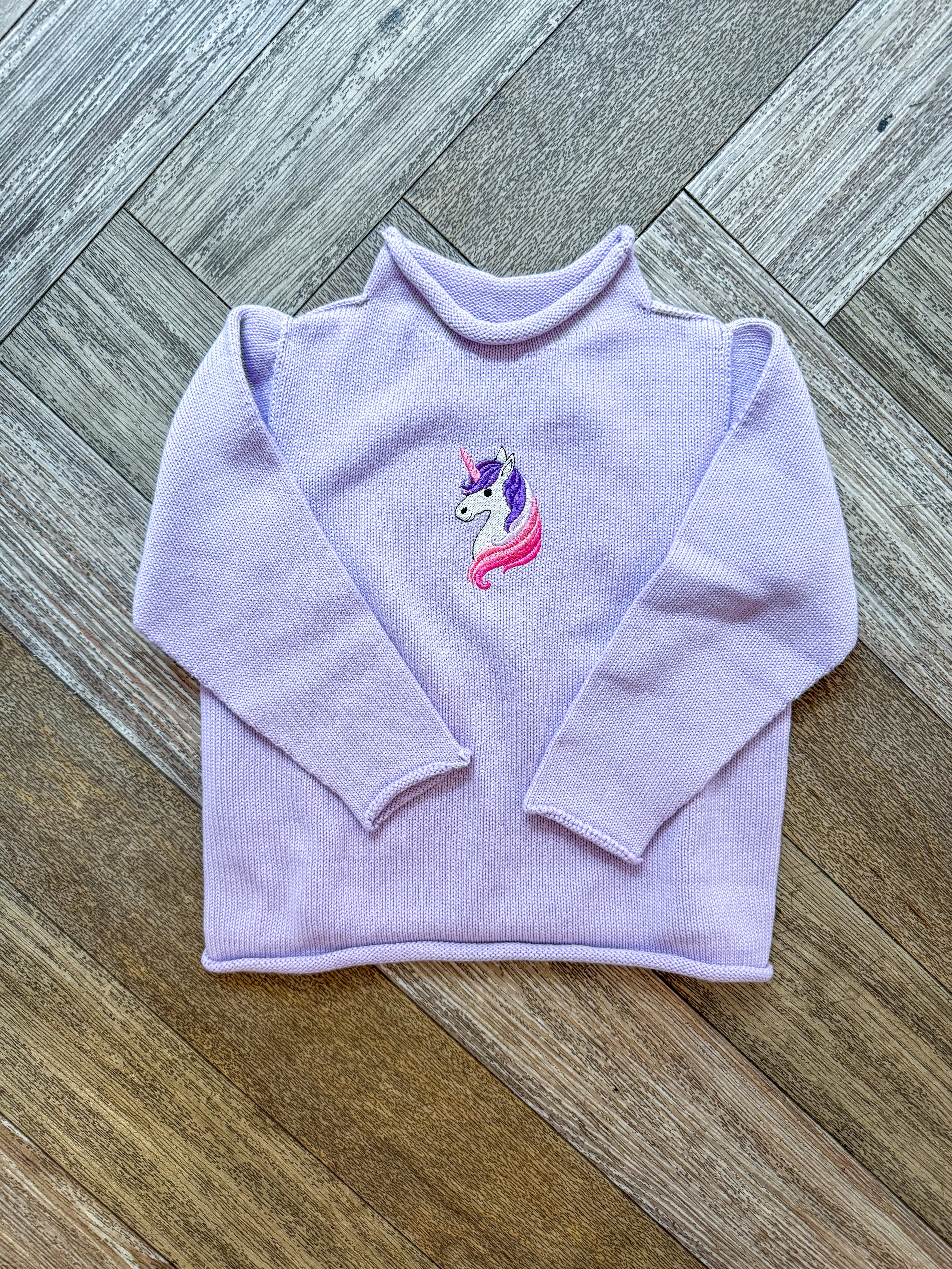 A Soft Idea Roll Neck Sweater in Lavender with Unicorn