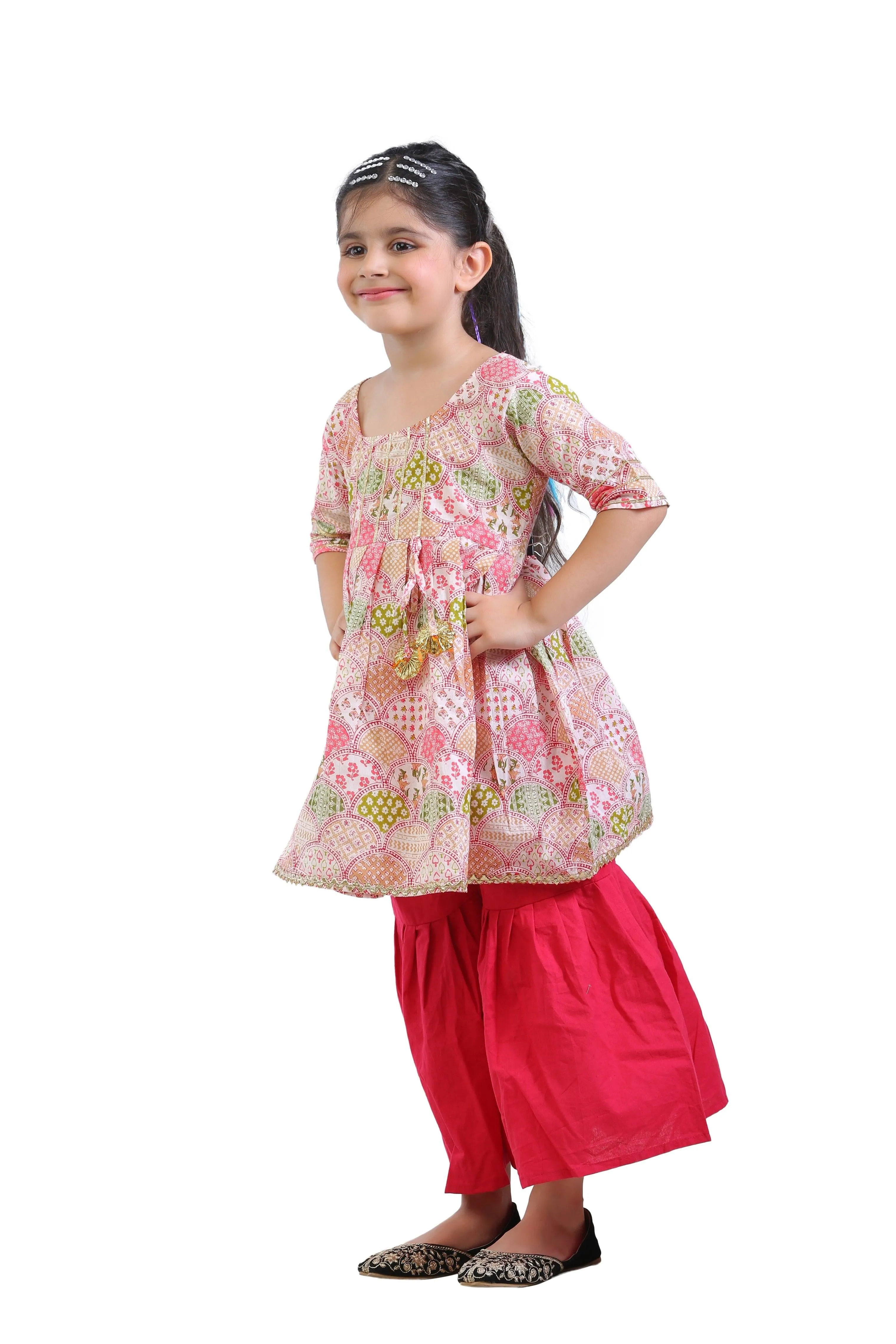 Ahhaaaa Kids Ethnic Cotton Floral Print Anarkali Kurti and Sharara For Girls