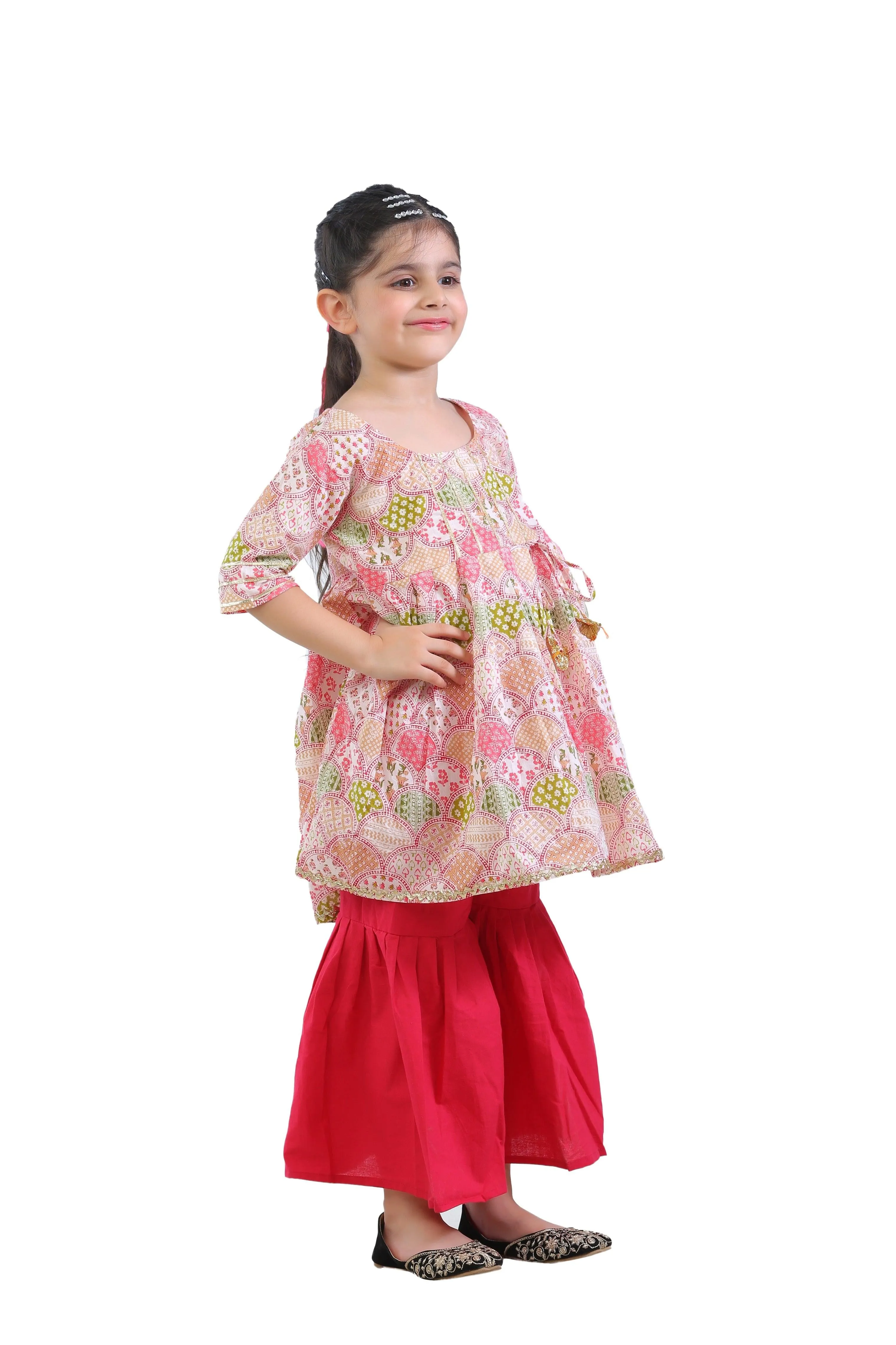 Ahhaaaa Kids Ethnic Cotton Floral Print Anarkali Kurti and Sharara For Girls