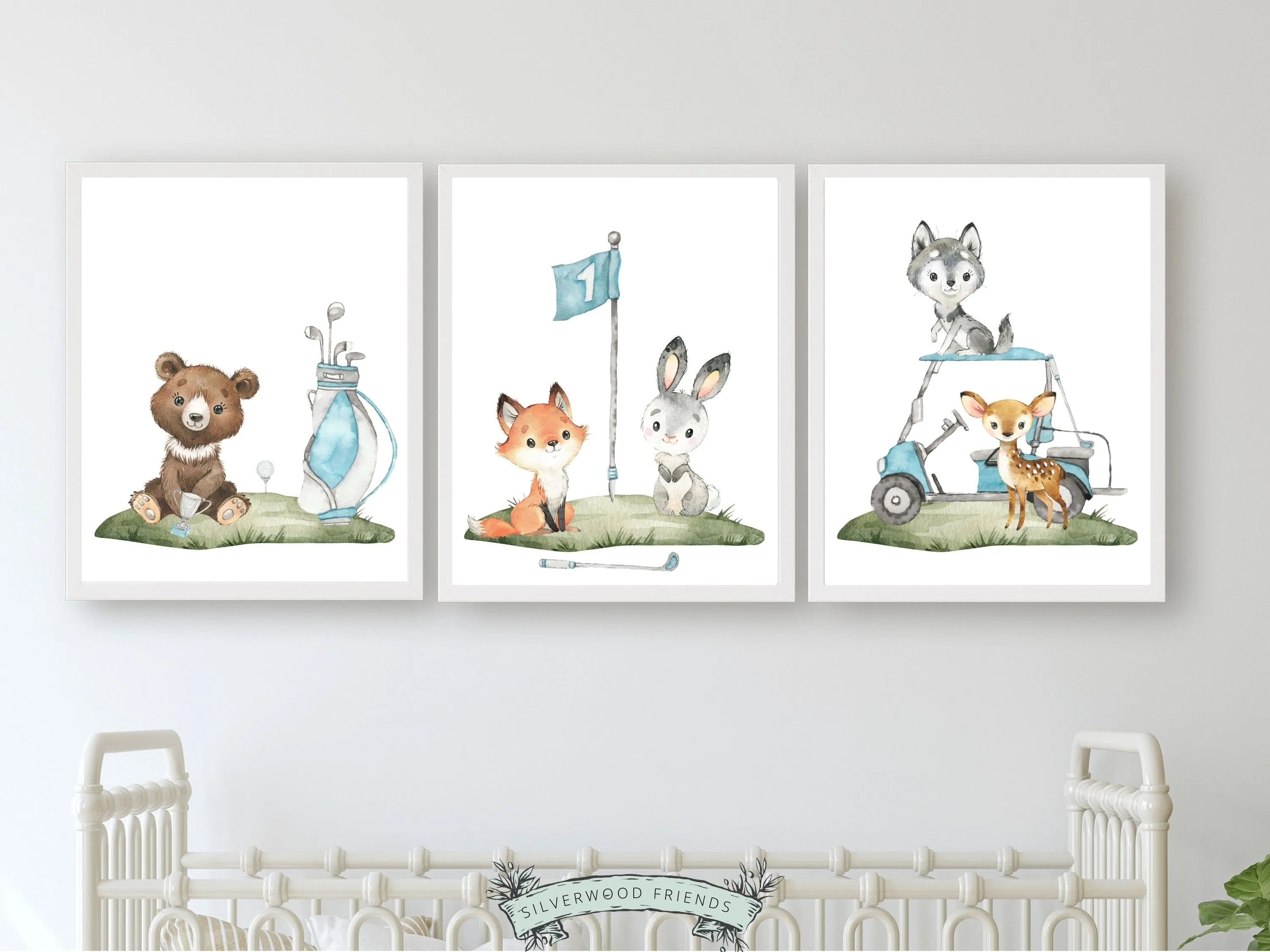 Animals Playing Golf Nursery Prints - Blue