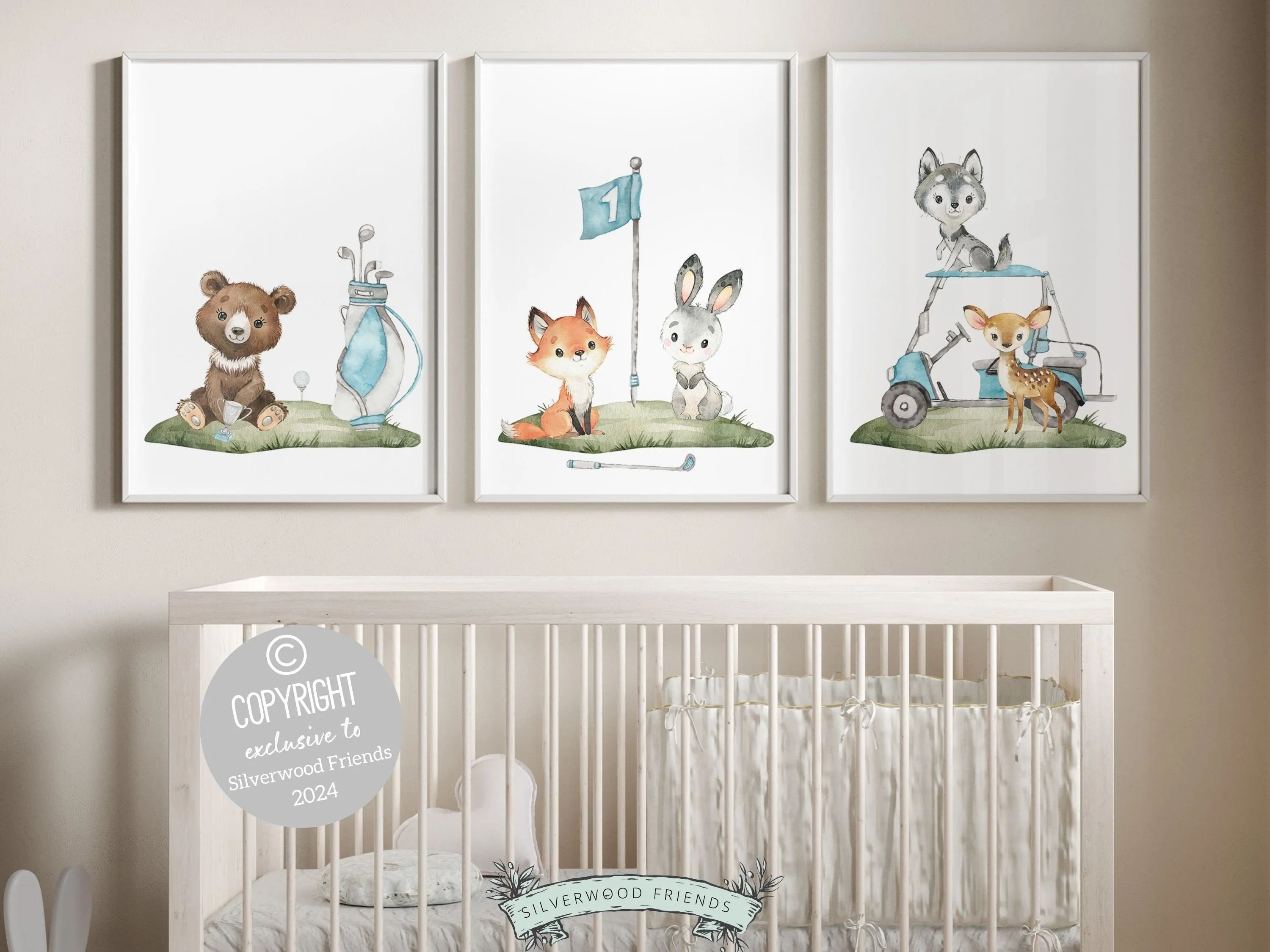 Animals Playing Golf Nursery Prints - Blue