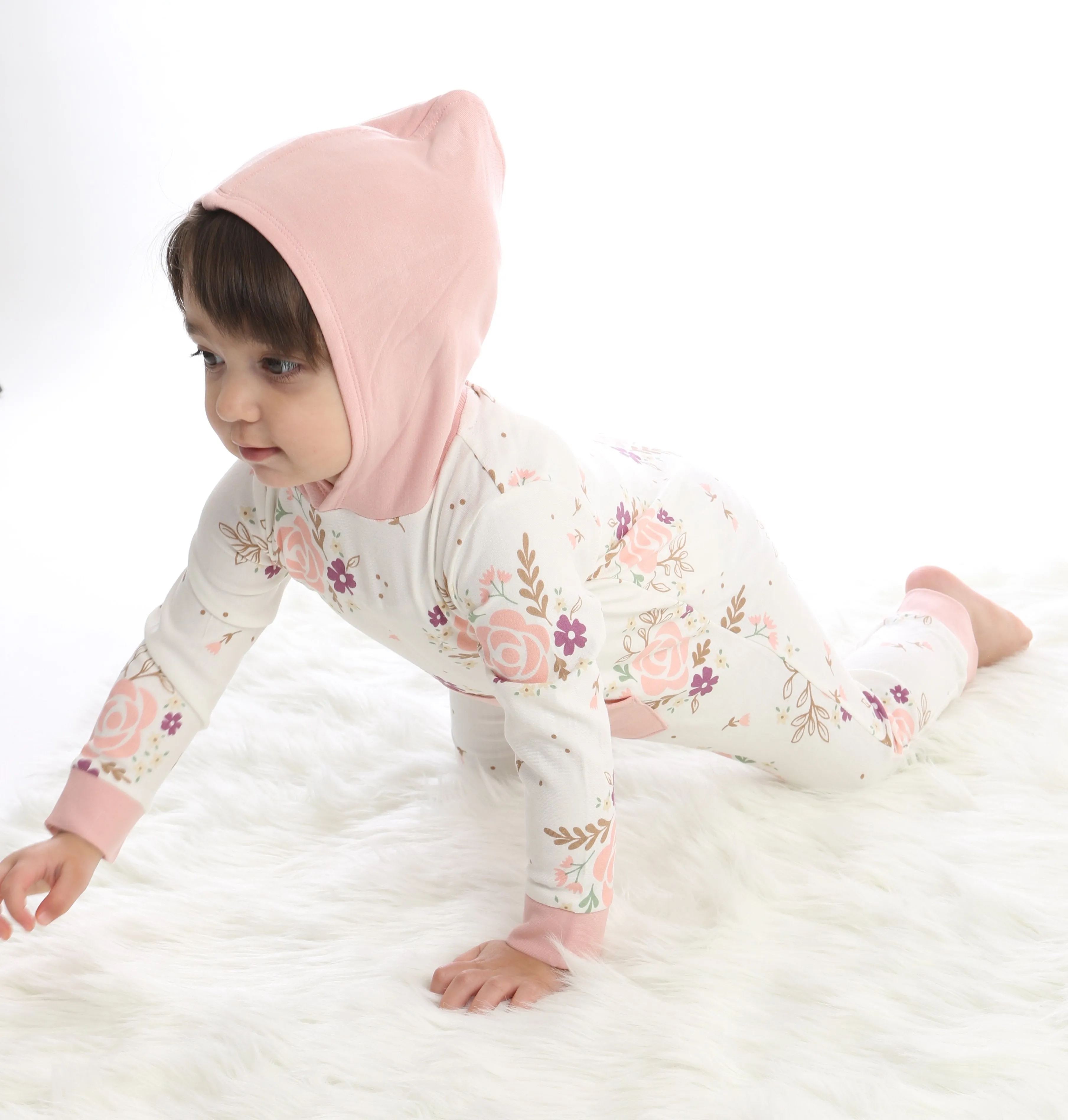 Bamboo Fleece Hooded Romper w/Zipper (Fall Floral Print)