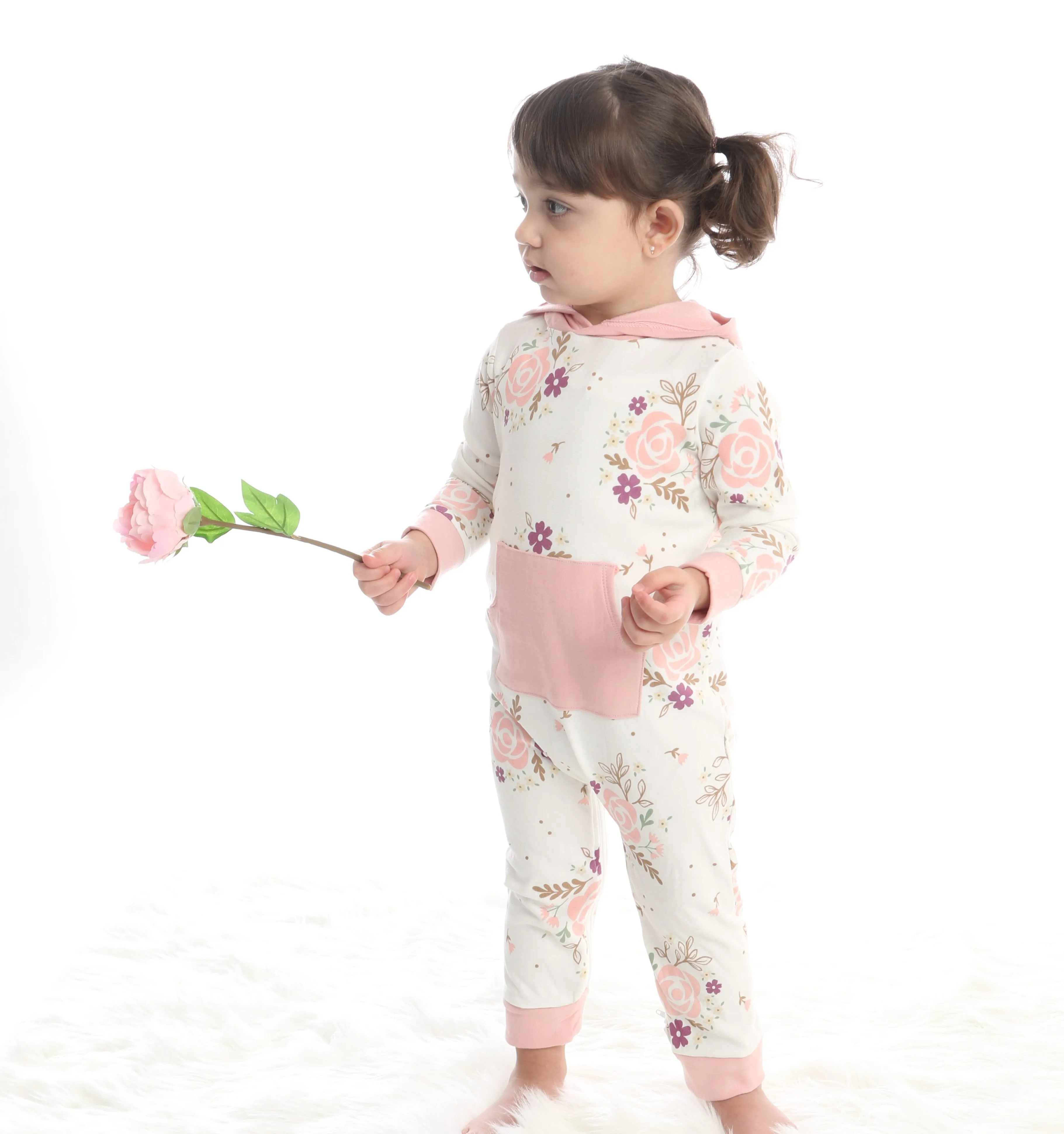 Bamboo Fleece Hooded Romper w/Zipper (Fall Floral Print)