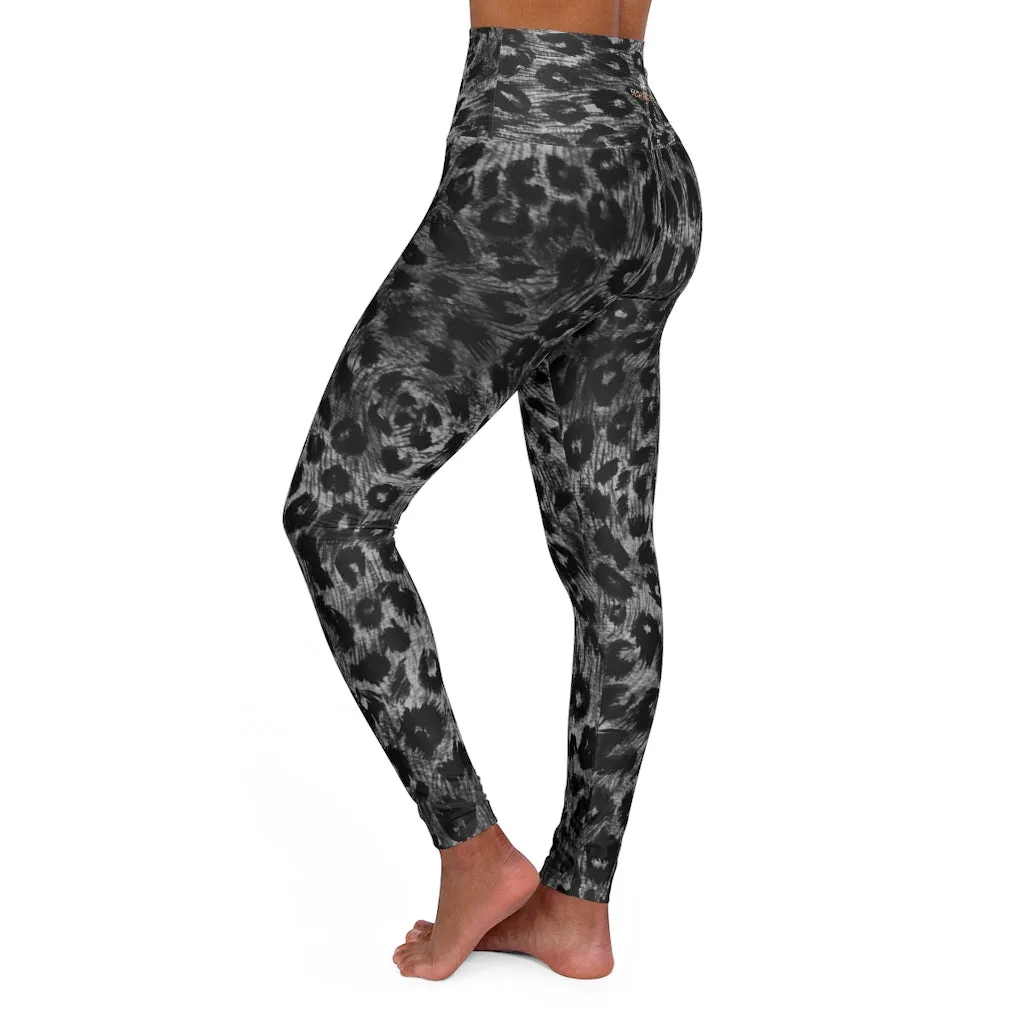 Black Leopard Women's Leggings, Premium Animal Print High Waisted Yoga Pants-Made in USA