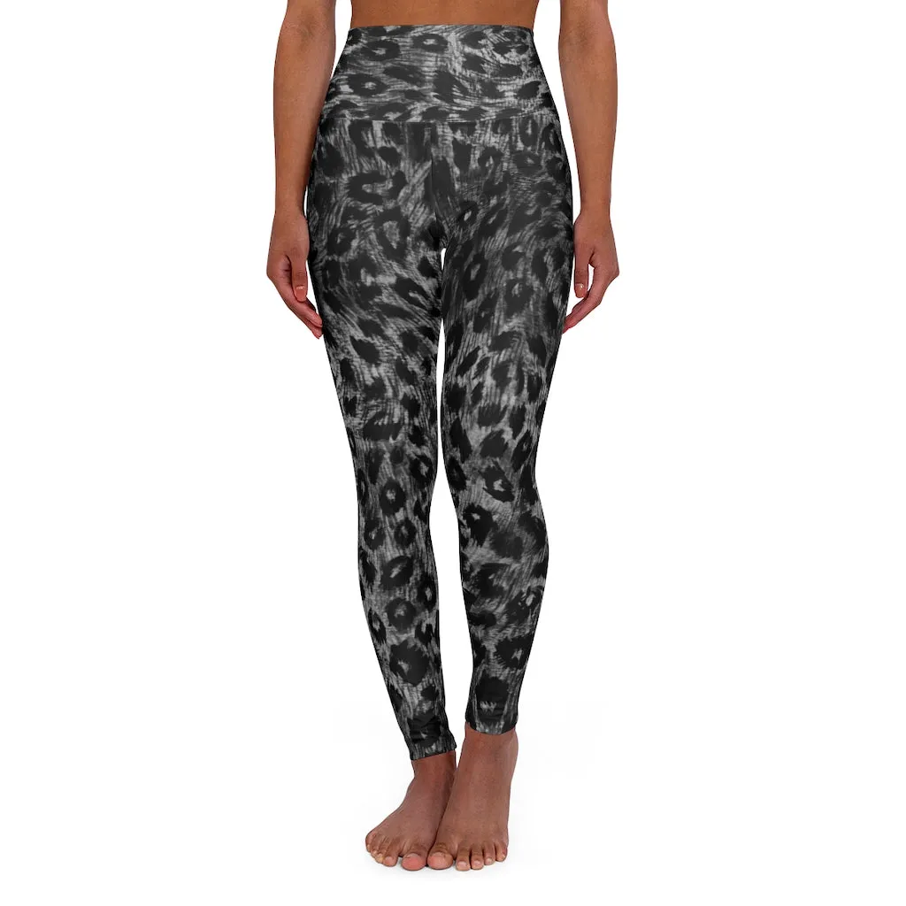 Black Leopard Women's Leggings, Premium Animal Print High Waisted Yoga Pants-Made in USA