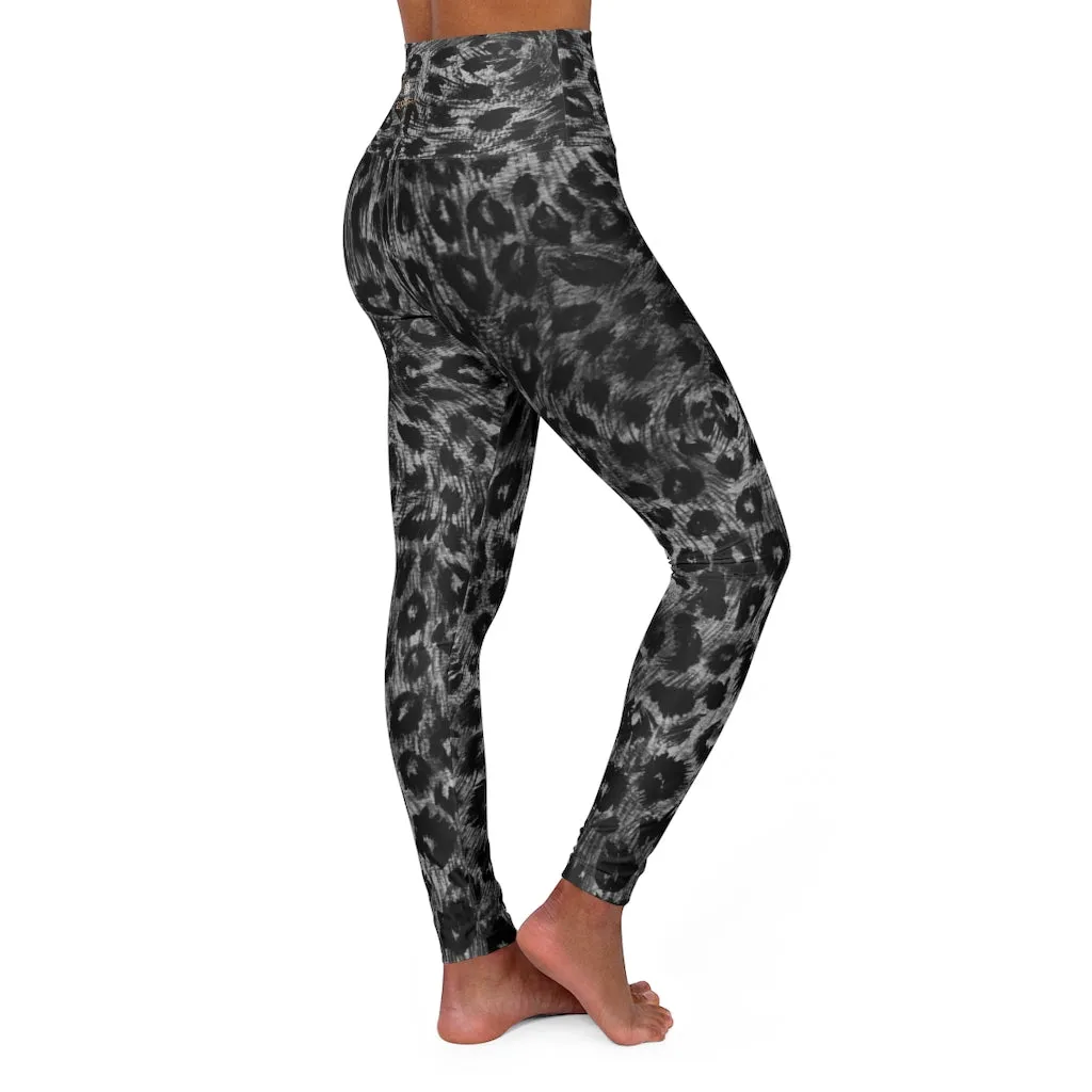 Black Leopard Women's Leggings, Premium Animal Print High Waisted Yoga Pants-Made in USA