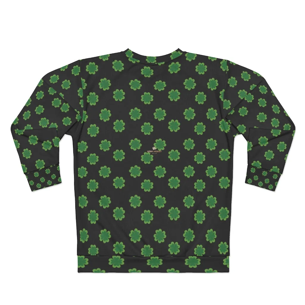 Black St. Patrick's Day Sweatshirt, Green Clover Print Unisex Long Sleeves- Made in USA