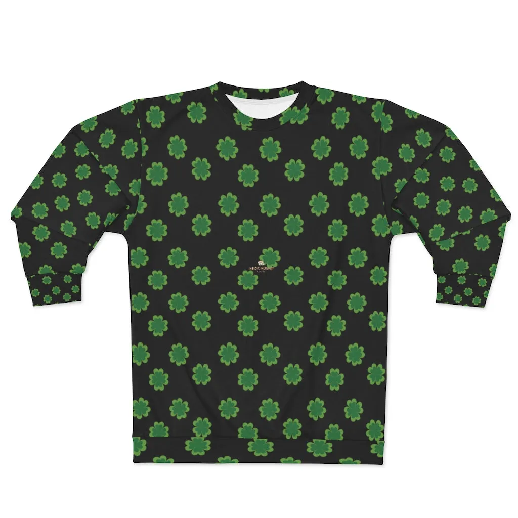 Black St. Patrick's Day Sweatshirt, Green Clover Print Unisex Long Sleeves- Made in USA