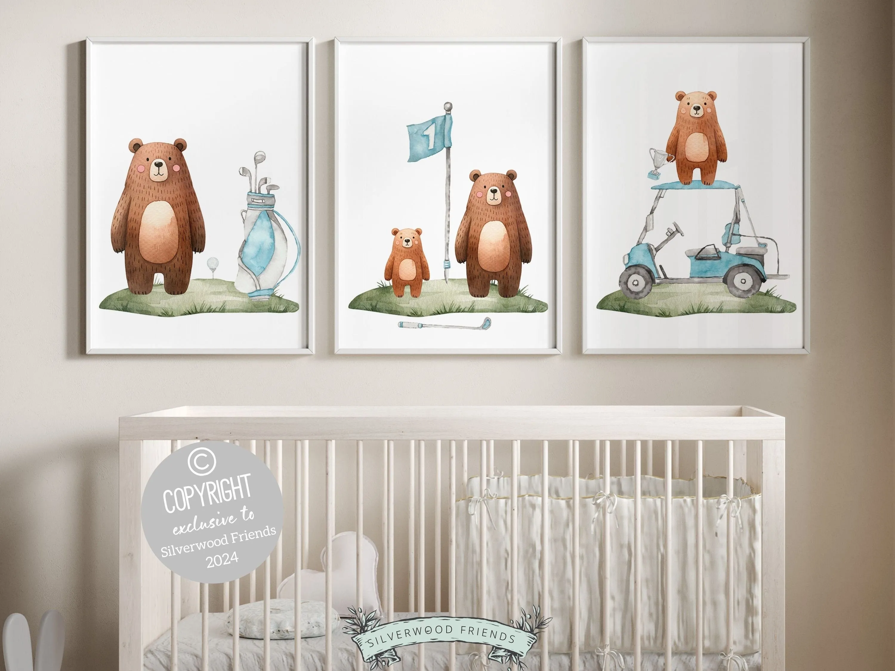 Blue Golf Nursery Prints - Woodland Bears