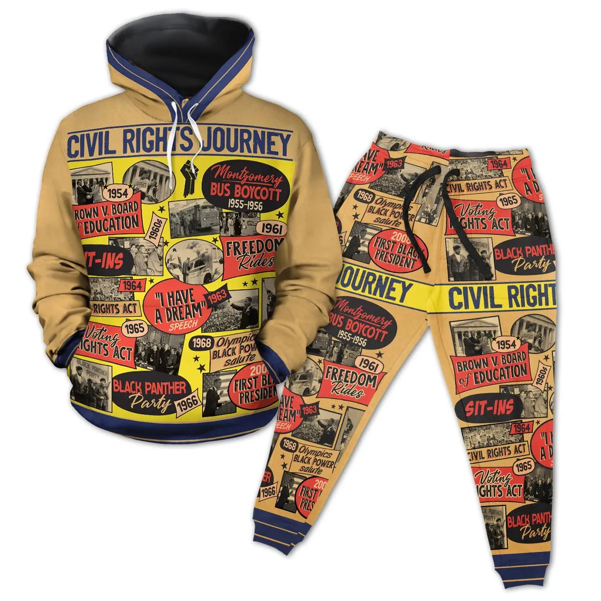 Civil Rights Events in 50s Style All-over Hoodie and Joggers Set