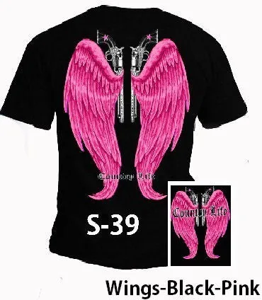 Country Life Outfitters Black & Pink Wings Guns Vintage Girlie Bright T Shirt