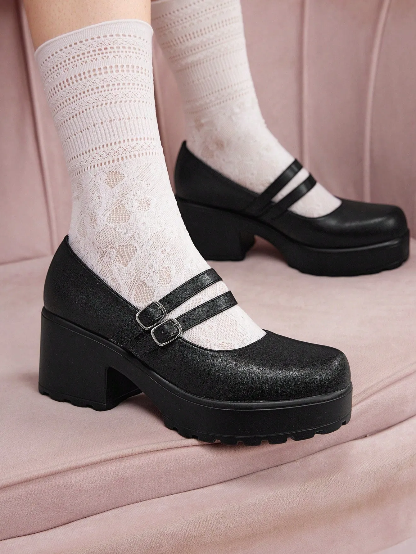 CUCCOO DOLLMOD Women Double Buckle Decor Platform Shoes, Elegant Black Mary Jane Shoes For Summer Vacation Shoes Summer Sale