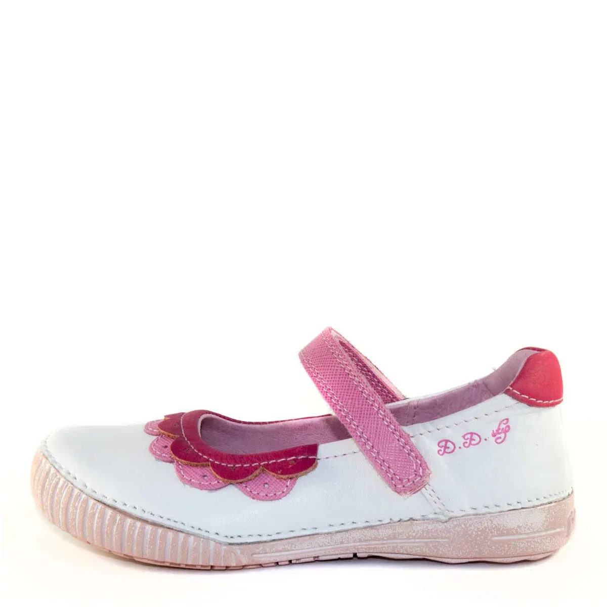 D.D. Step Little Kid Single Strap Dress Shoes White With Pink Decor - Supportive Leather From Europe Kids Orthopedic