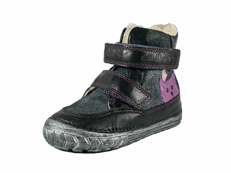 D.D. Step Toddler Girl Shoes/Winter Boots With Faux Fur Insulation Black Purple Cat - Supportive Leather Shoes From Europe Kids Orthopedic