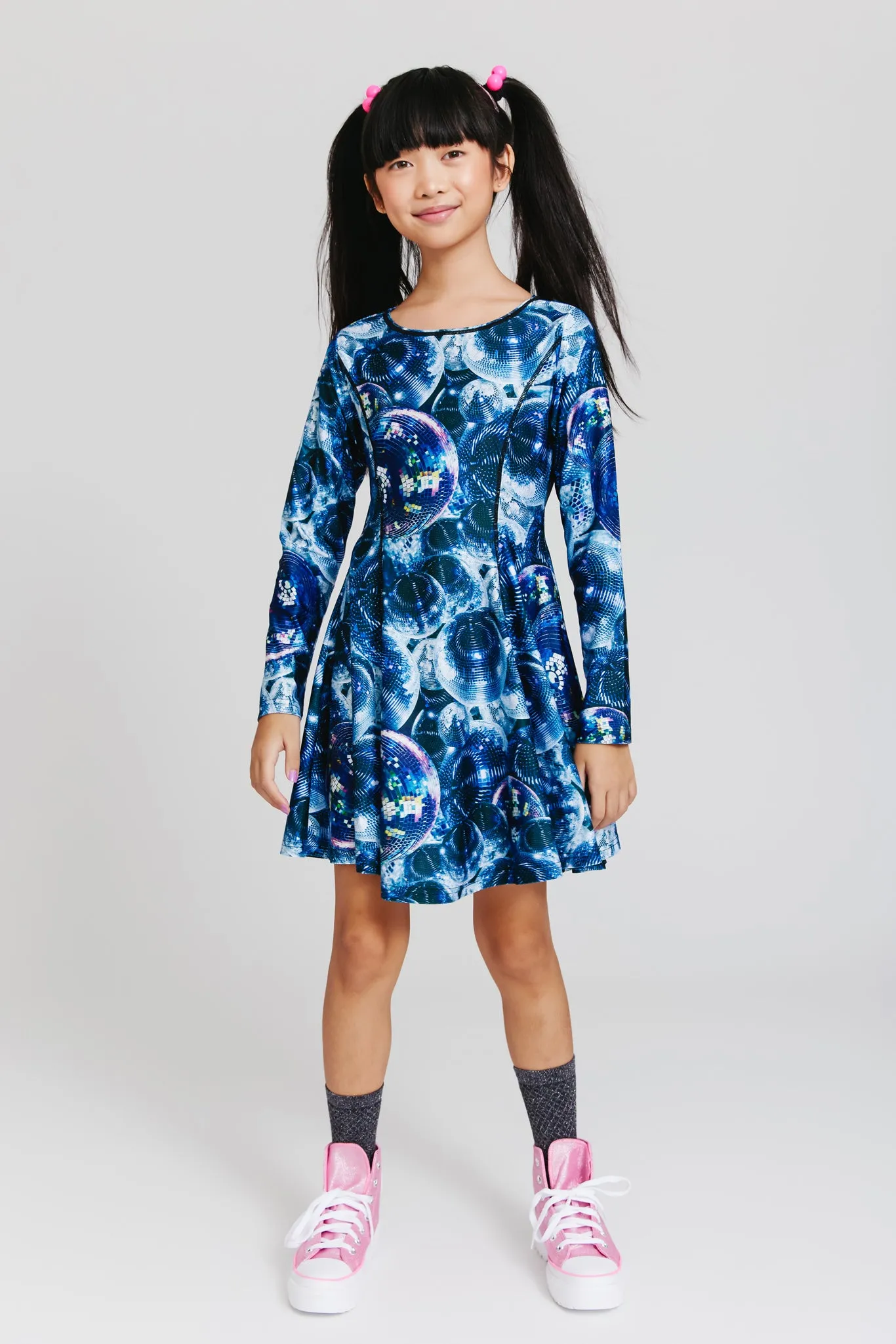 Girls Hishine Long Sleeve Skater Dress in Disco Fever