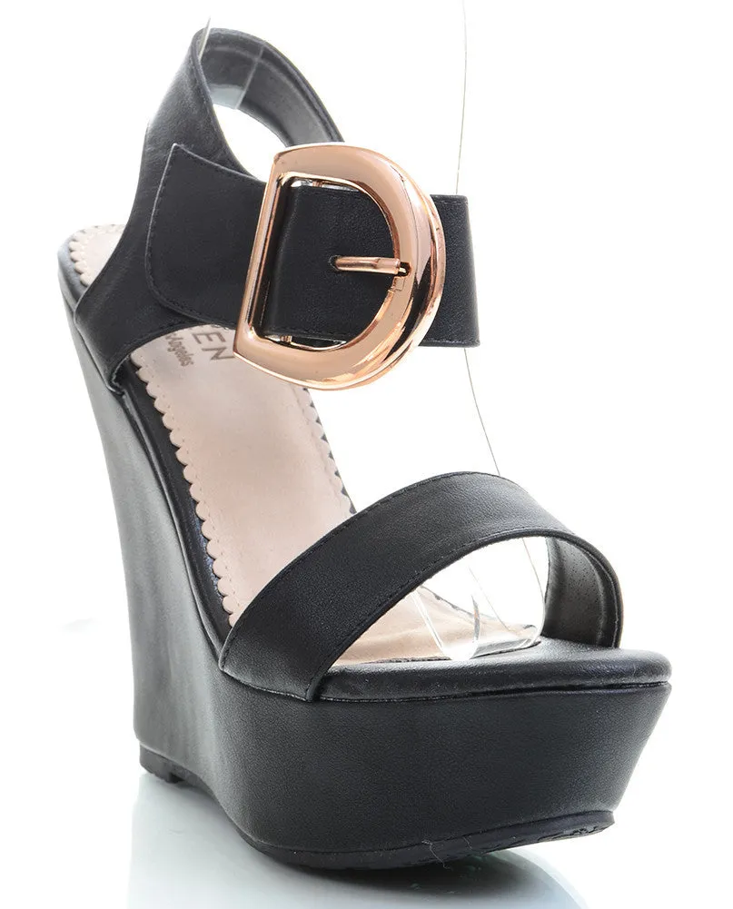 Gold Buckle Accented Open Toe Platform Black Wedges