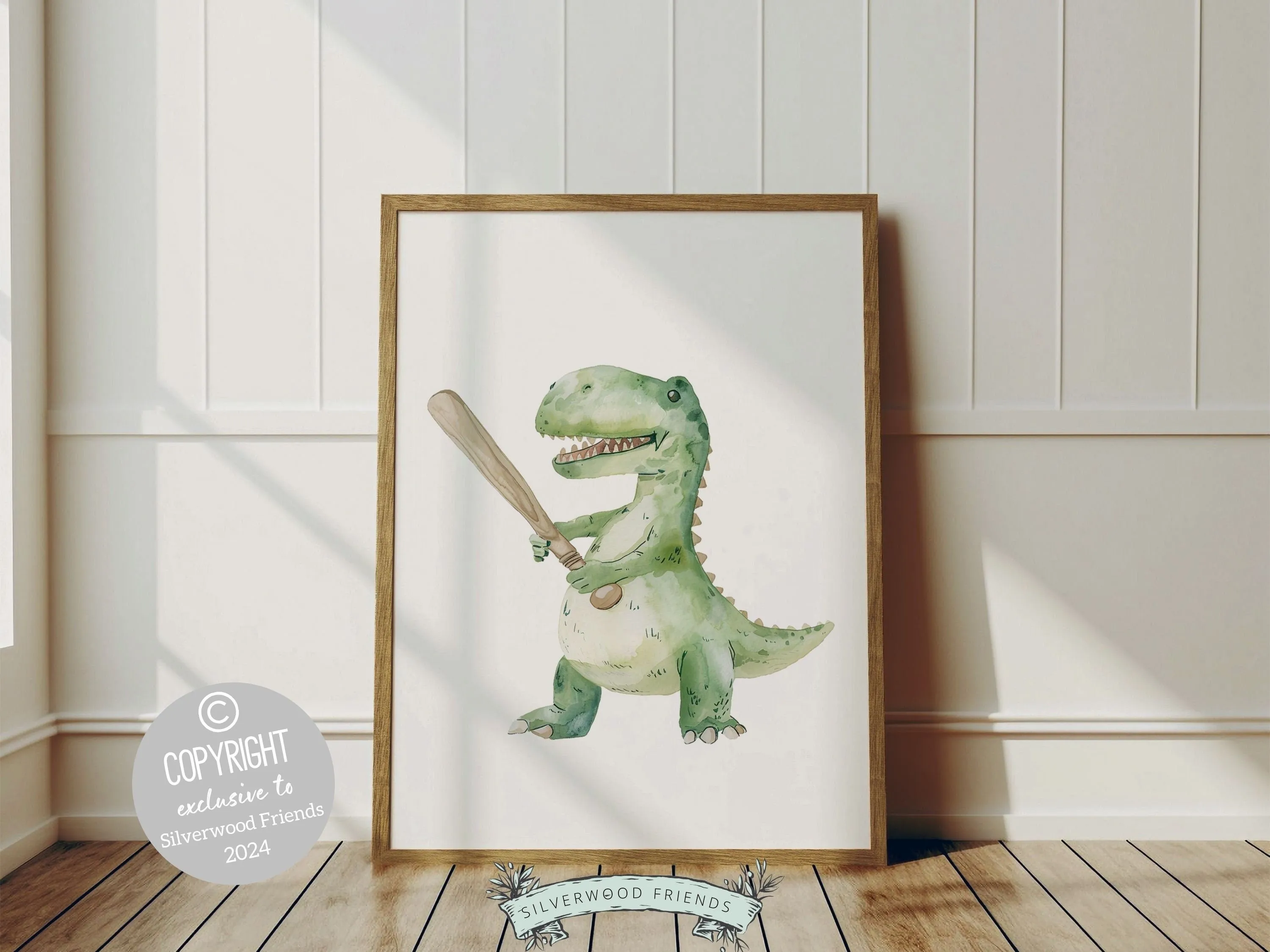 Green Dinosaur Baseball Nursery Prints