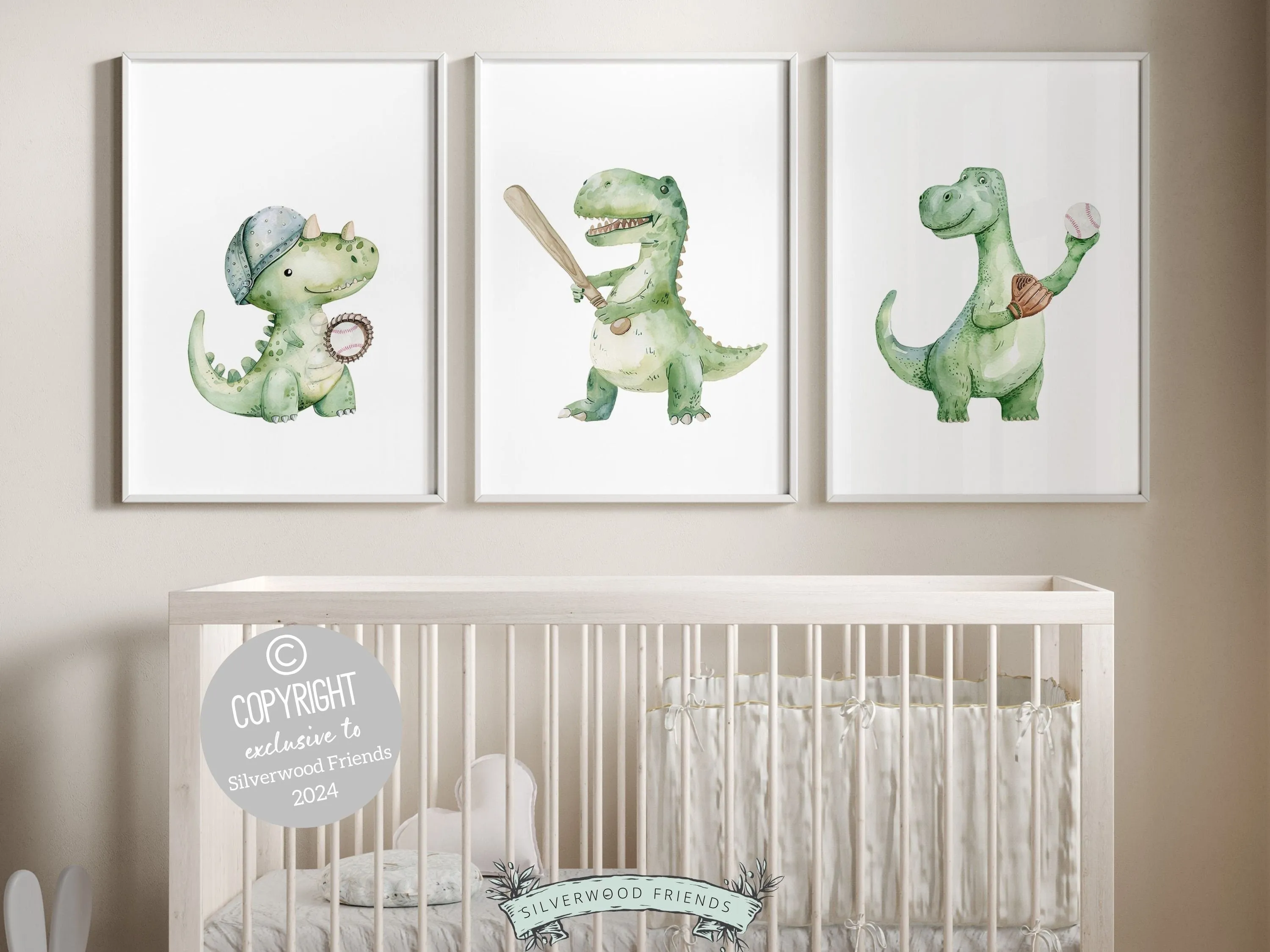 Green Dinosaur Baseball Nursery Prints