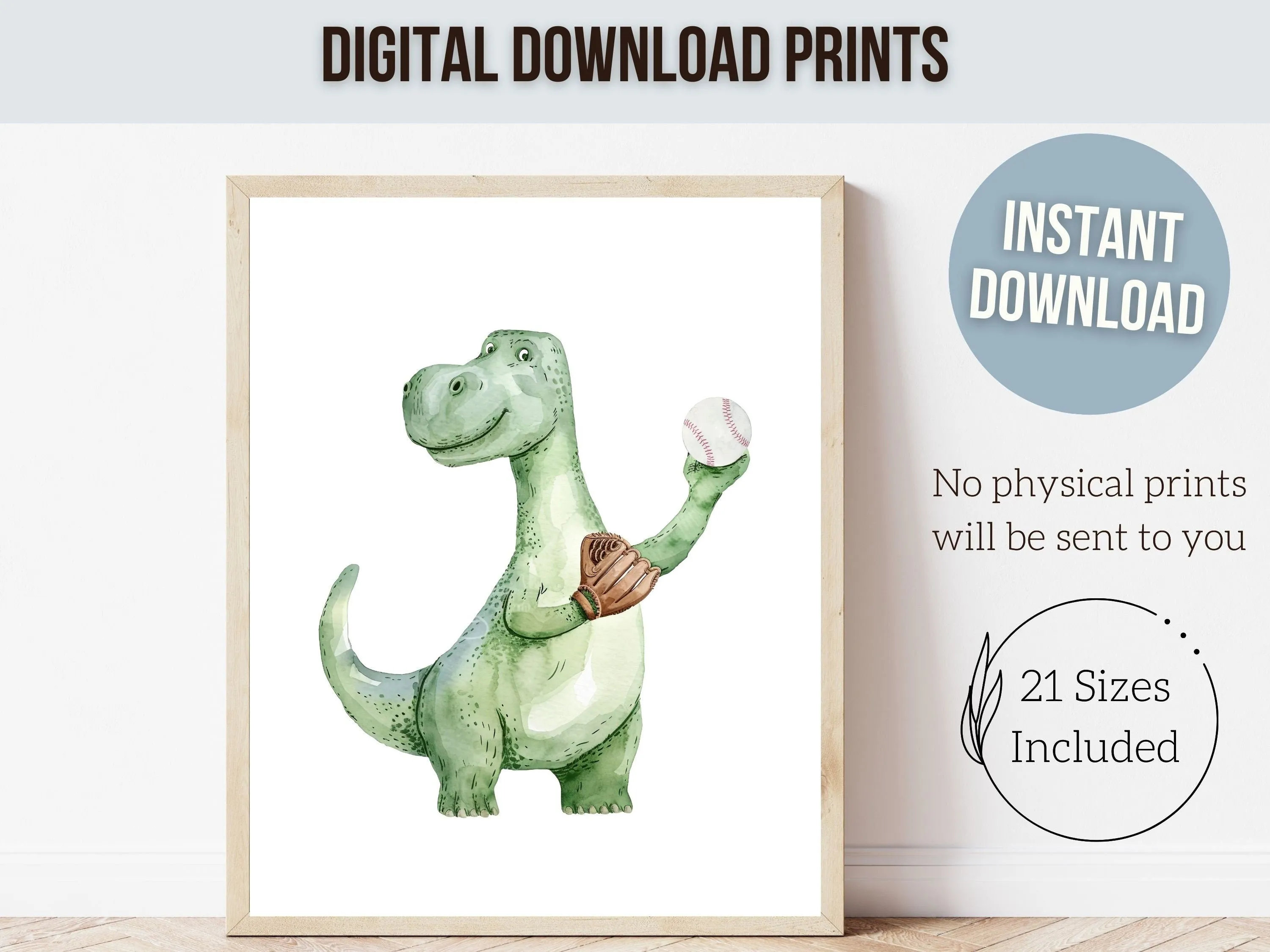 Green Dinosaur Baseball Nursery Prints