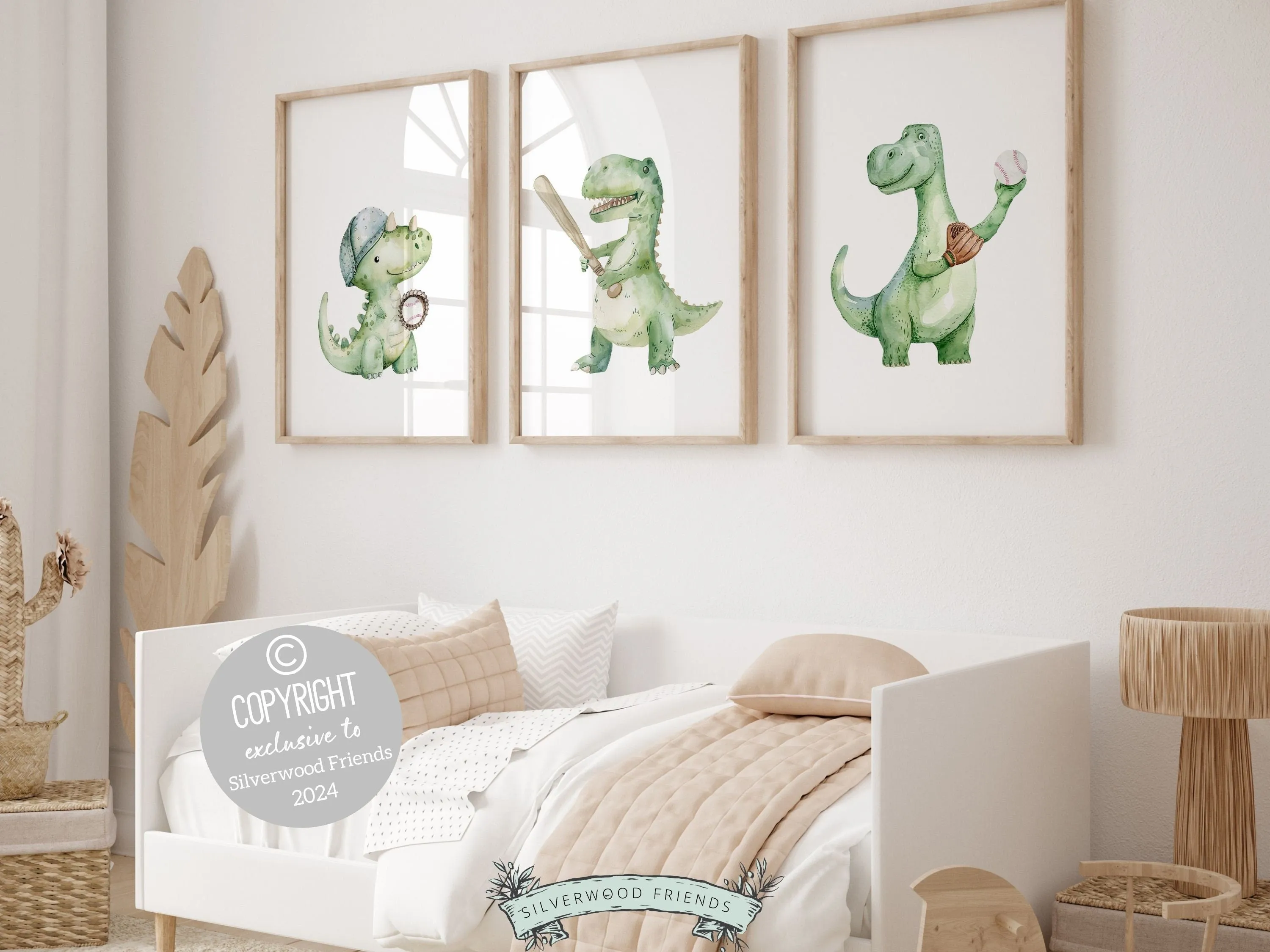 Green Dinosaur Baseball Nursery Prints