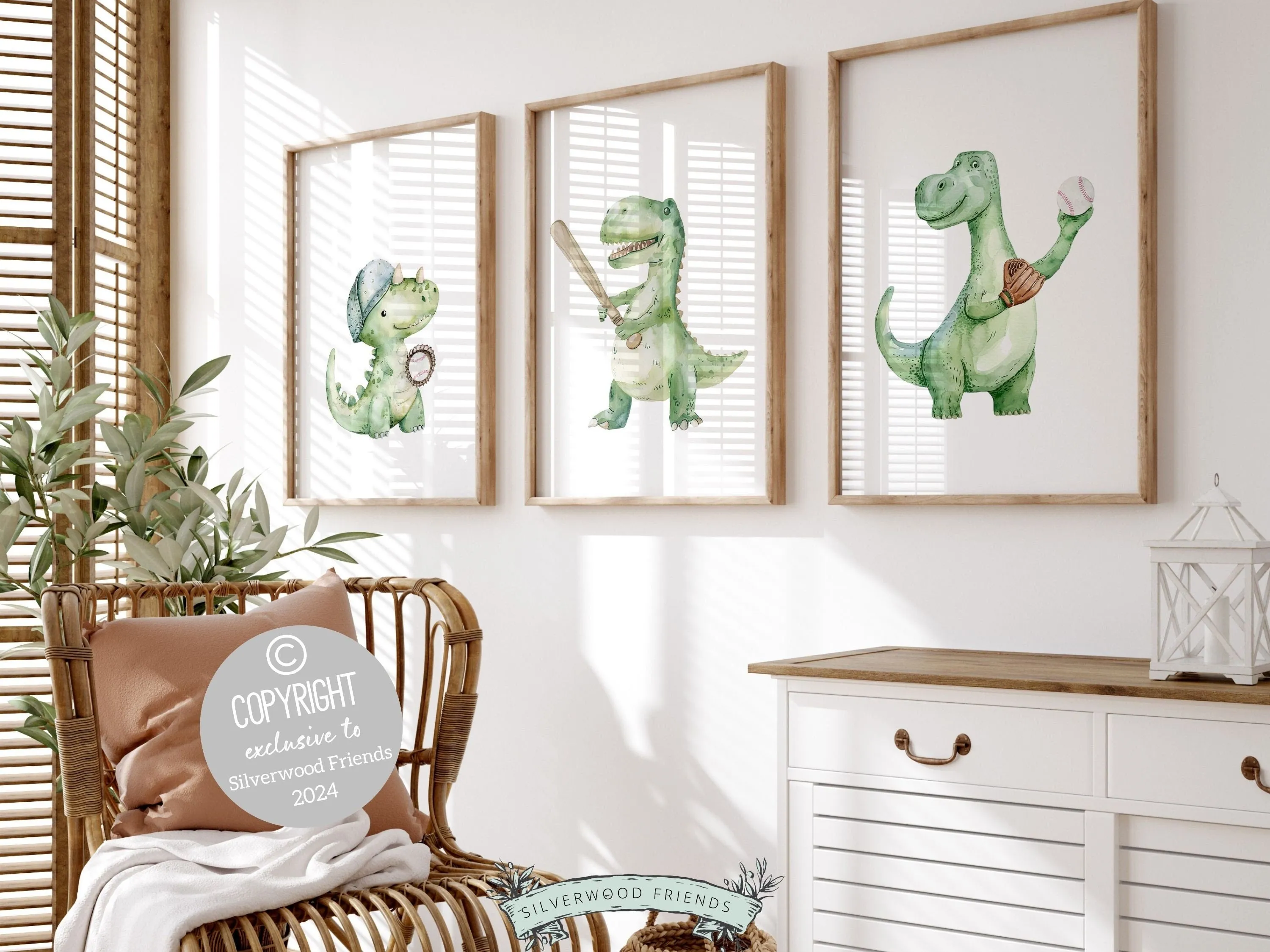 Green Dinosaur Baseball Nursery Prints