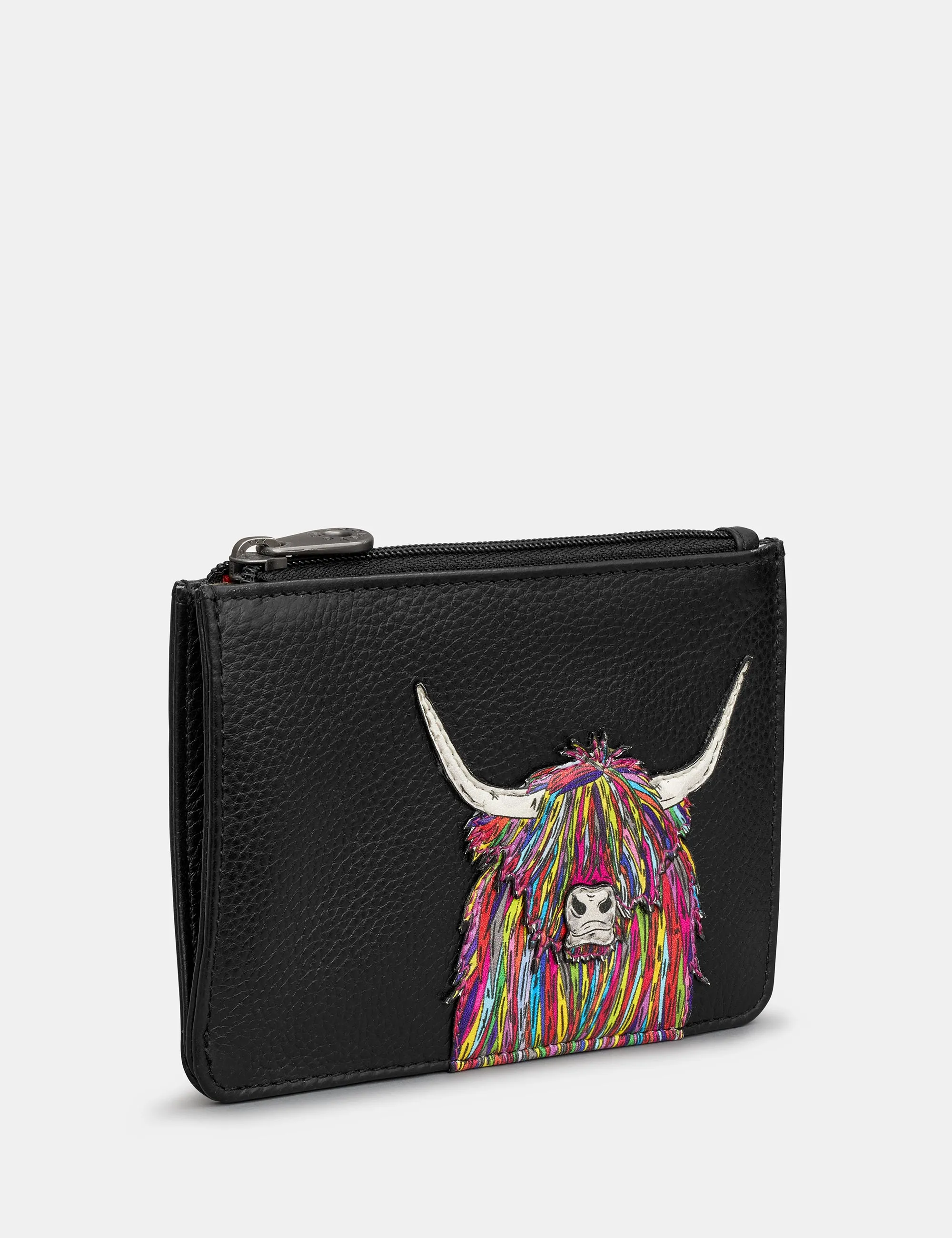 Highland Cow Black Leather Zip Top Purse