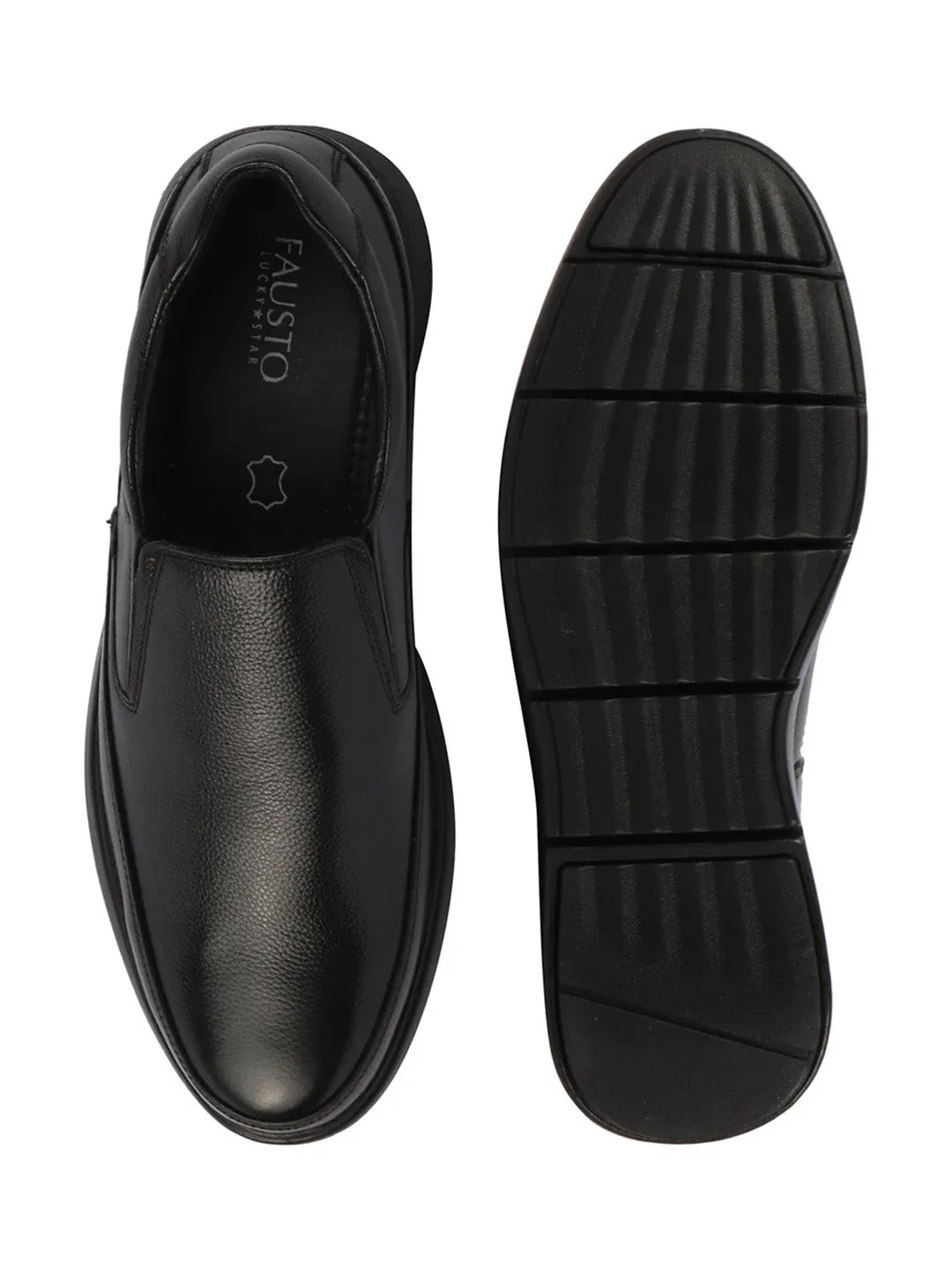 Men Black Genuine Burnish Leather Formal Dress Slip On Flat Heel Shoes For Office|Work|Loafer|Half Shoes|Cut Shoe