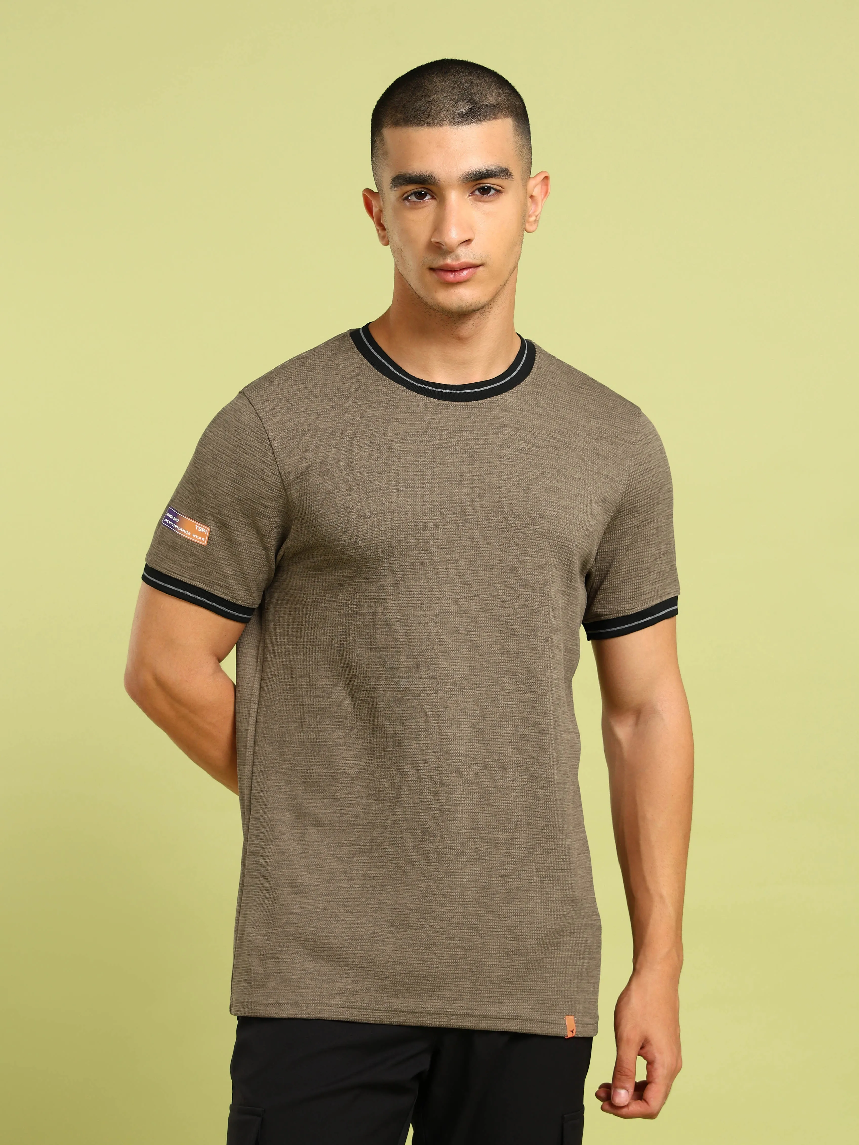 Men Cubic Melange Slim Fit Round Neck Sports T-shirt with DOUBLE COOL