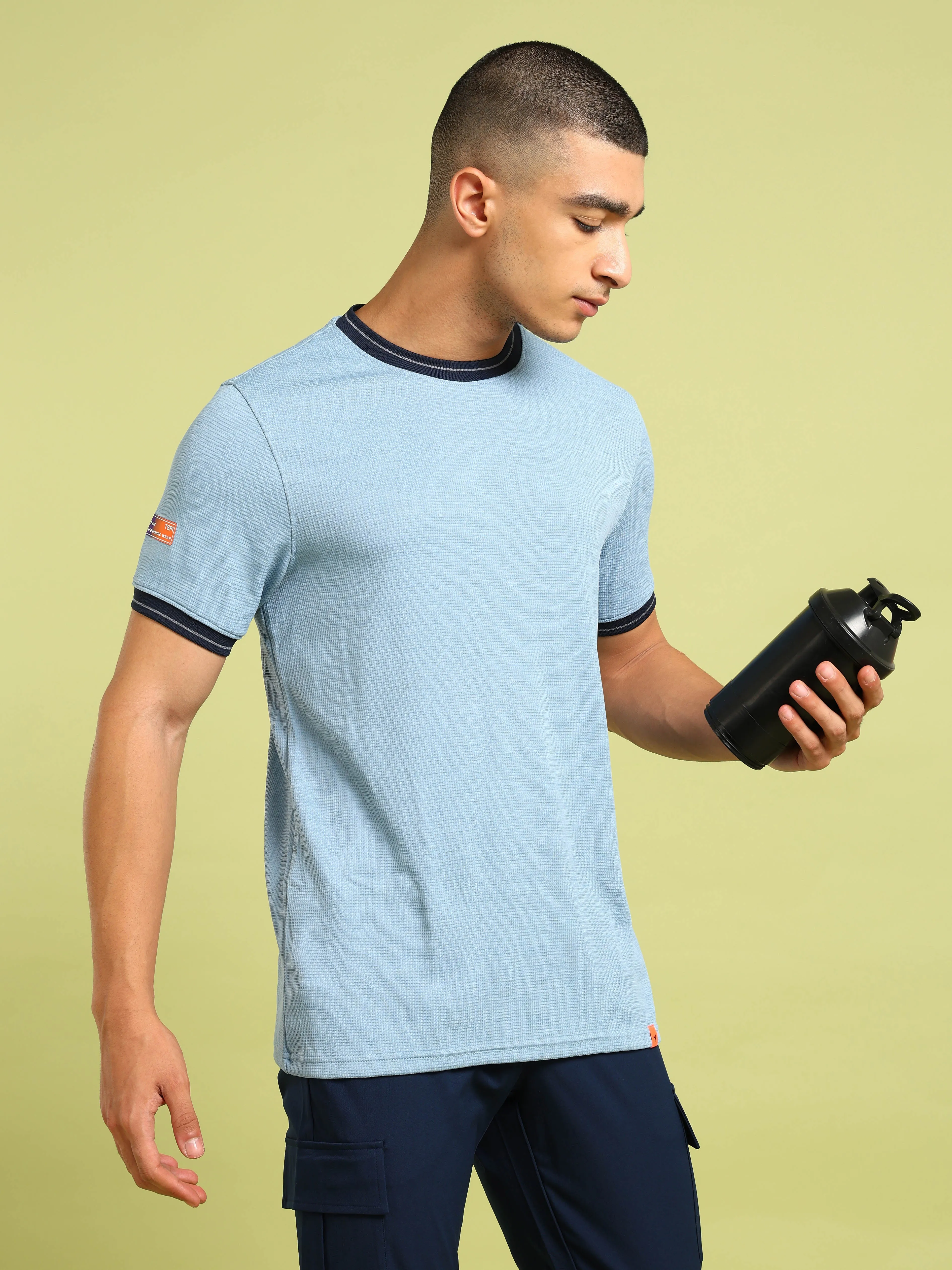 Men Cubic Melange Slim Fit Round Neck Sports T-shirt with DOUBLE COOL