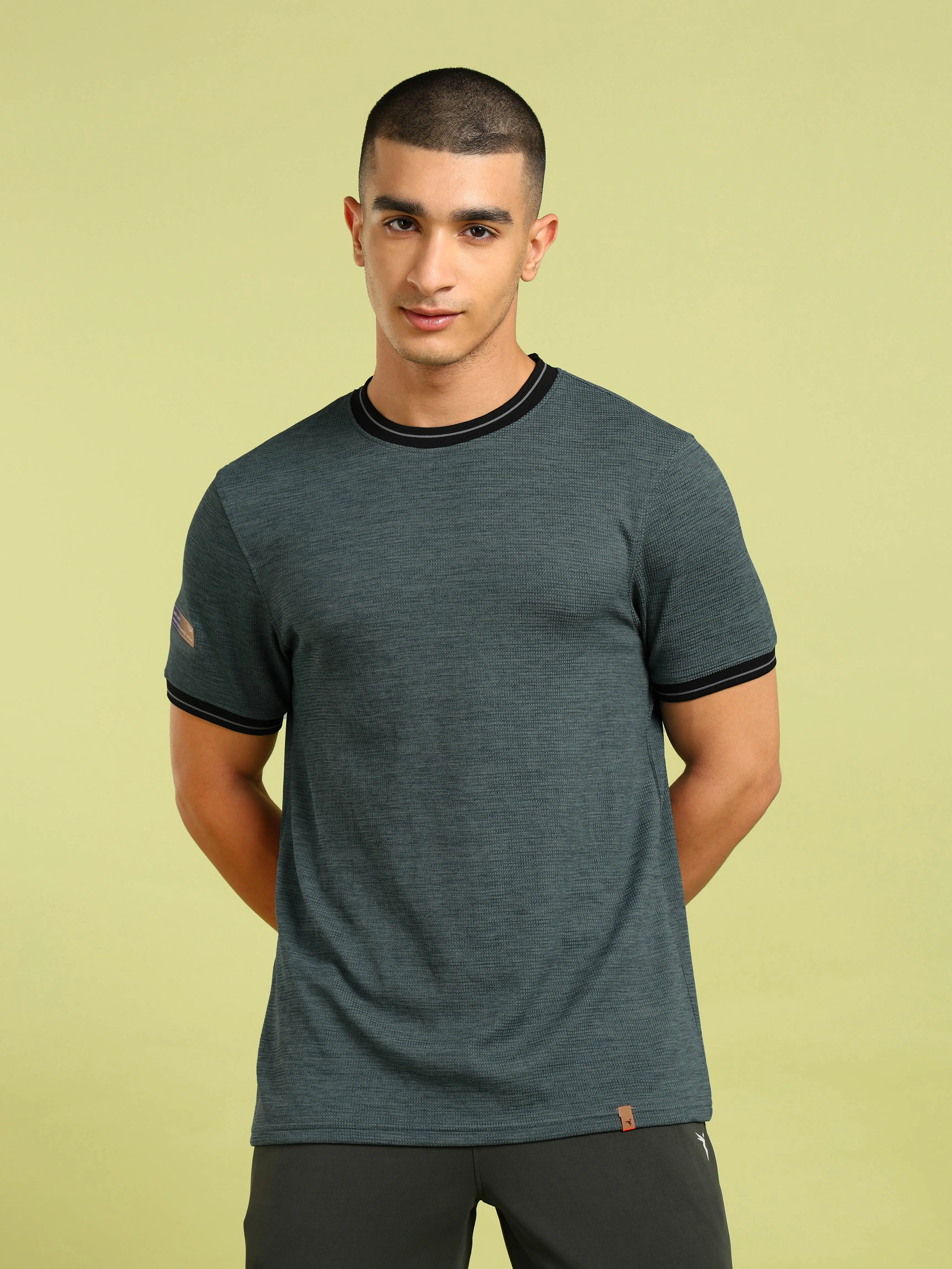 Men Cubic Melange Slim Fit Round Neck Sports T-shirt with DOUBLE COOL