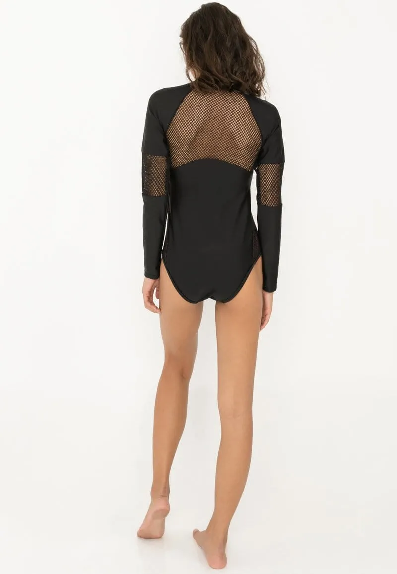 One Piece Zip-Front Mesh Wetsuit in Black | XS Only