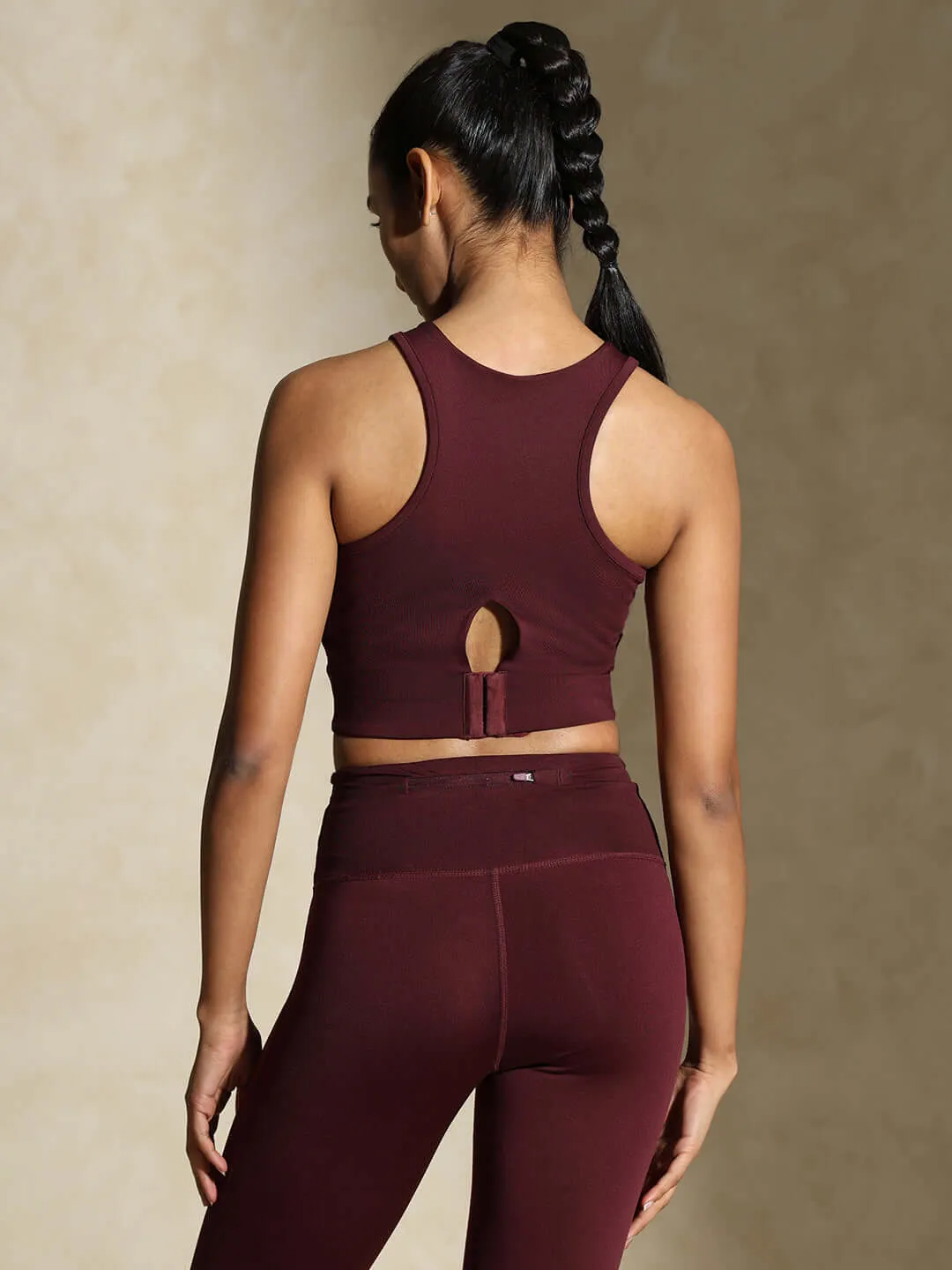 Plum Keyhole Back Crop Top with Clasp & 7/8 Leggings