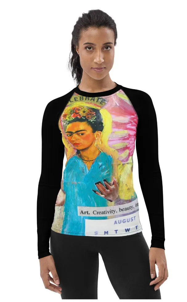 Sunheart Frida Collage Artsy Calendar Sport  Women's Rash Guard Swim Top Make a Splash XS-3X