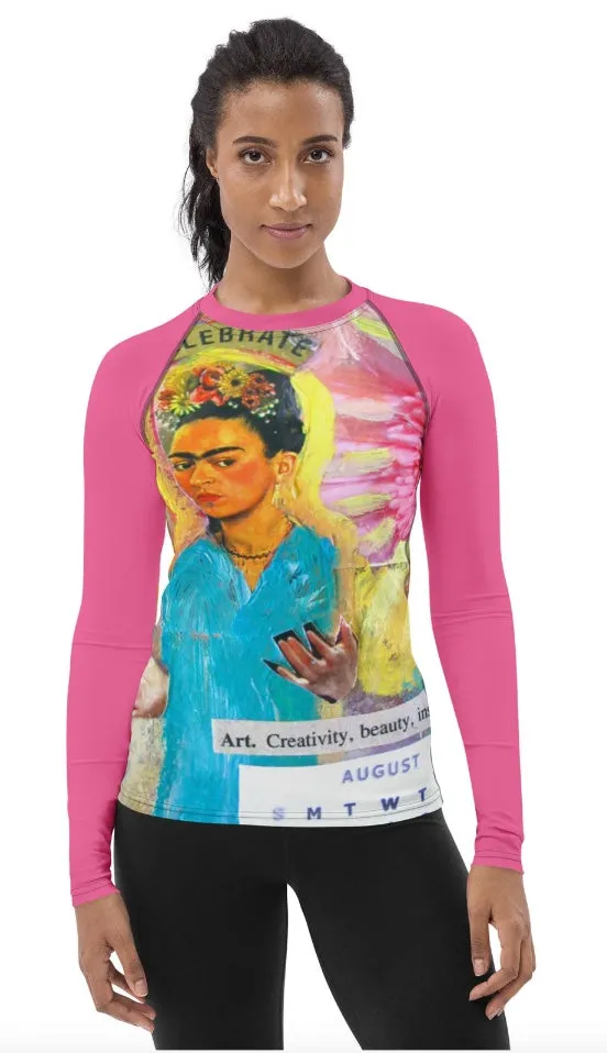 Sunheart Frida Collage Artsy Calendar Sport  Women's Rash Guard Swim Top Make a Splash XS-3X