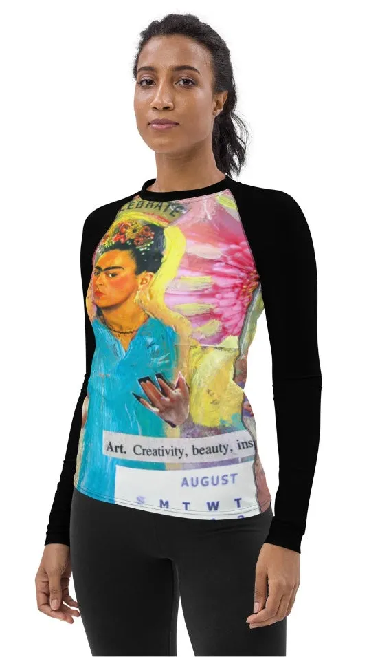 Sunheart Frida Collage Artsy Calendar Sport  Women's Rash Guard Swim Top Make a Splash XS-3X