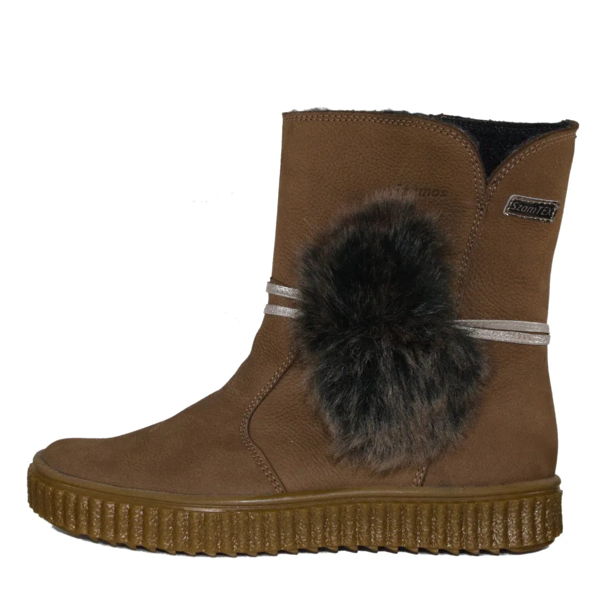 Szamos Kid Girl Winter Boots Brown With Pom Pom And Side Zipper - Made In Europe