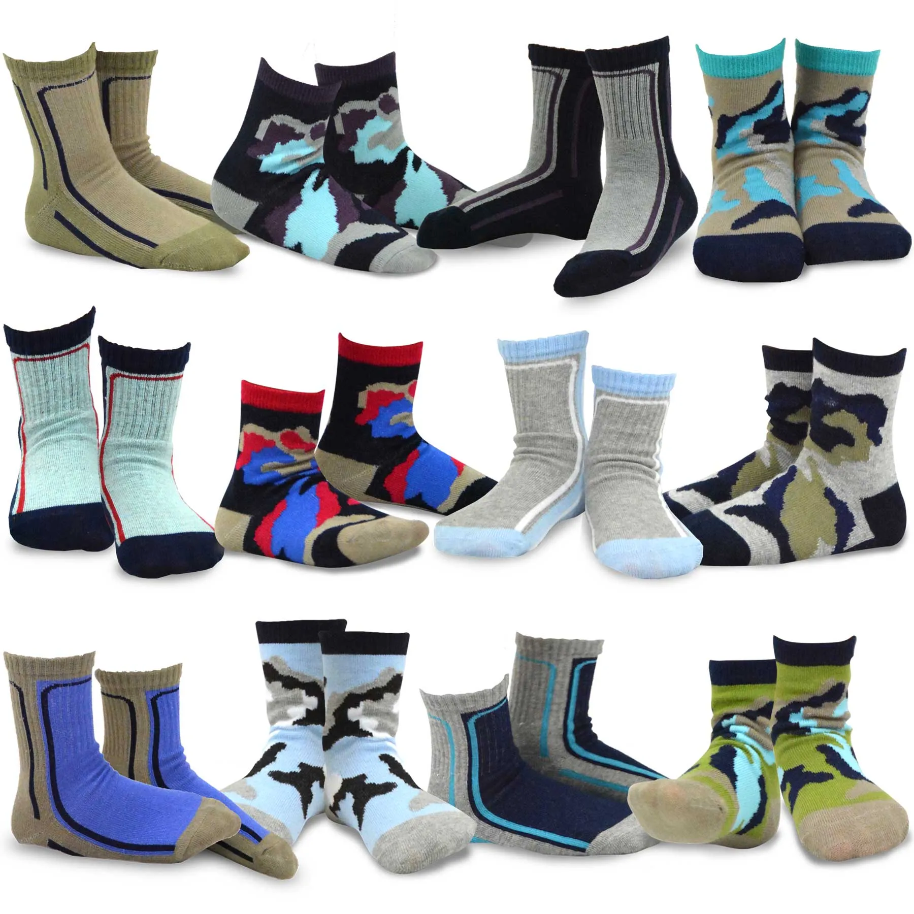 TeeHee Socks Kid's Casual Cotton Short Crew Bold Lines Sport/Camo 12-Pack Gift Box (70876)