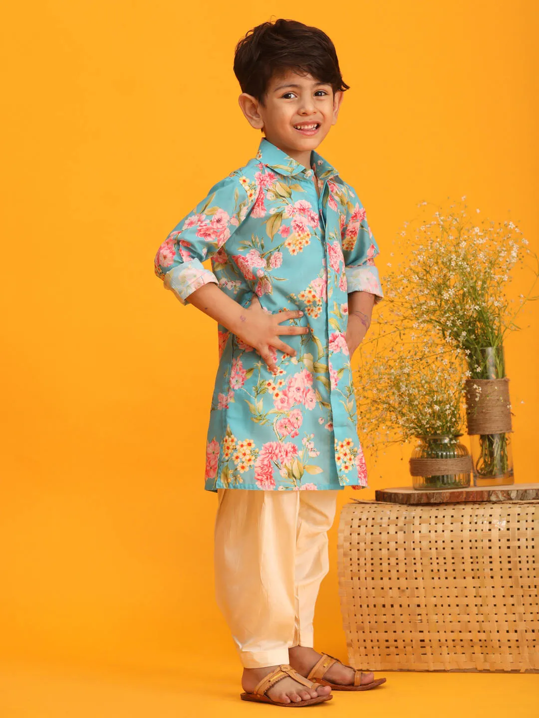 VASTRAMAY Boy's Aqua Blue Floral Printed Kurta with Cream Solid Patiala Set