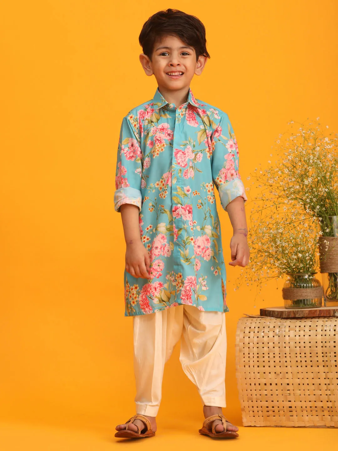 VASTRAMAY Boy's Aqua Blue Floral Printed Kurta with Cream Solid Patiala Set