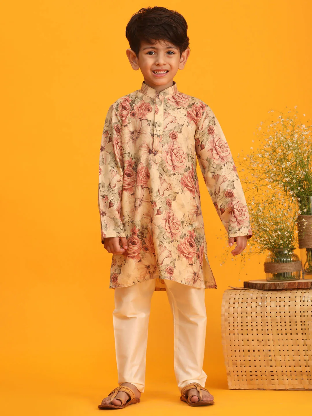 VASTRAMAY Boy's Beige Floral Printed Kurta Pyjama Set