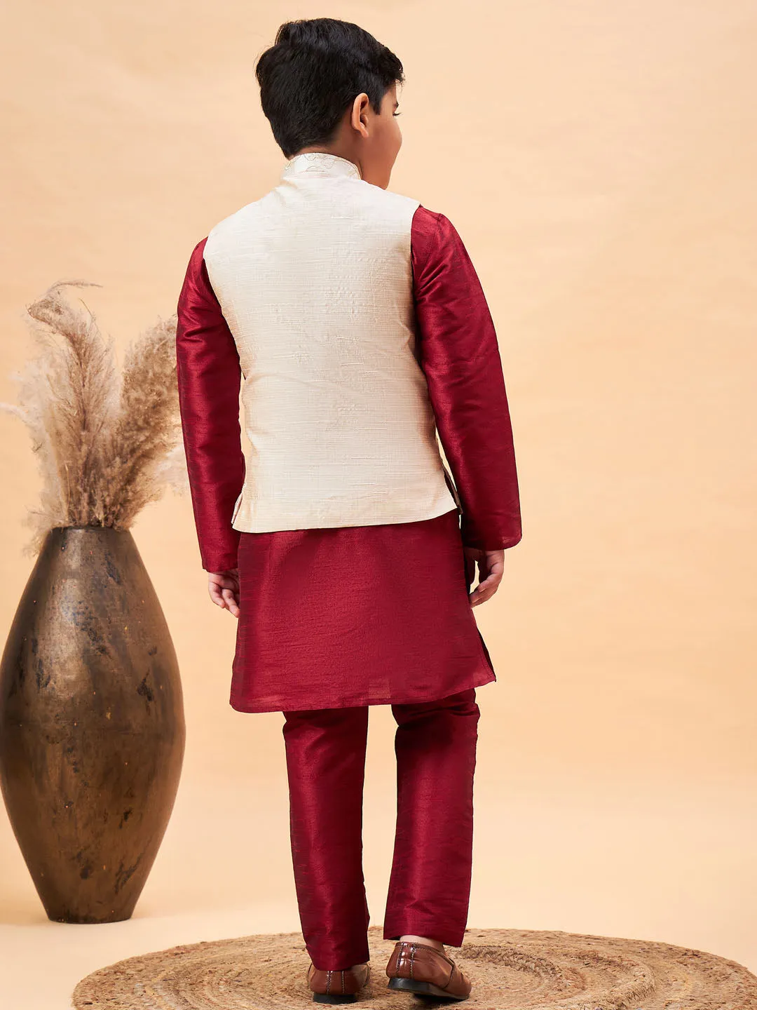 VASTRAMAY Boy's Beige Woven Jacket With Maroon Kurta and Pyjama Set