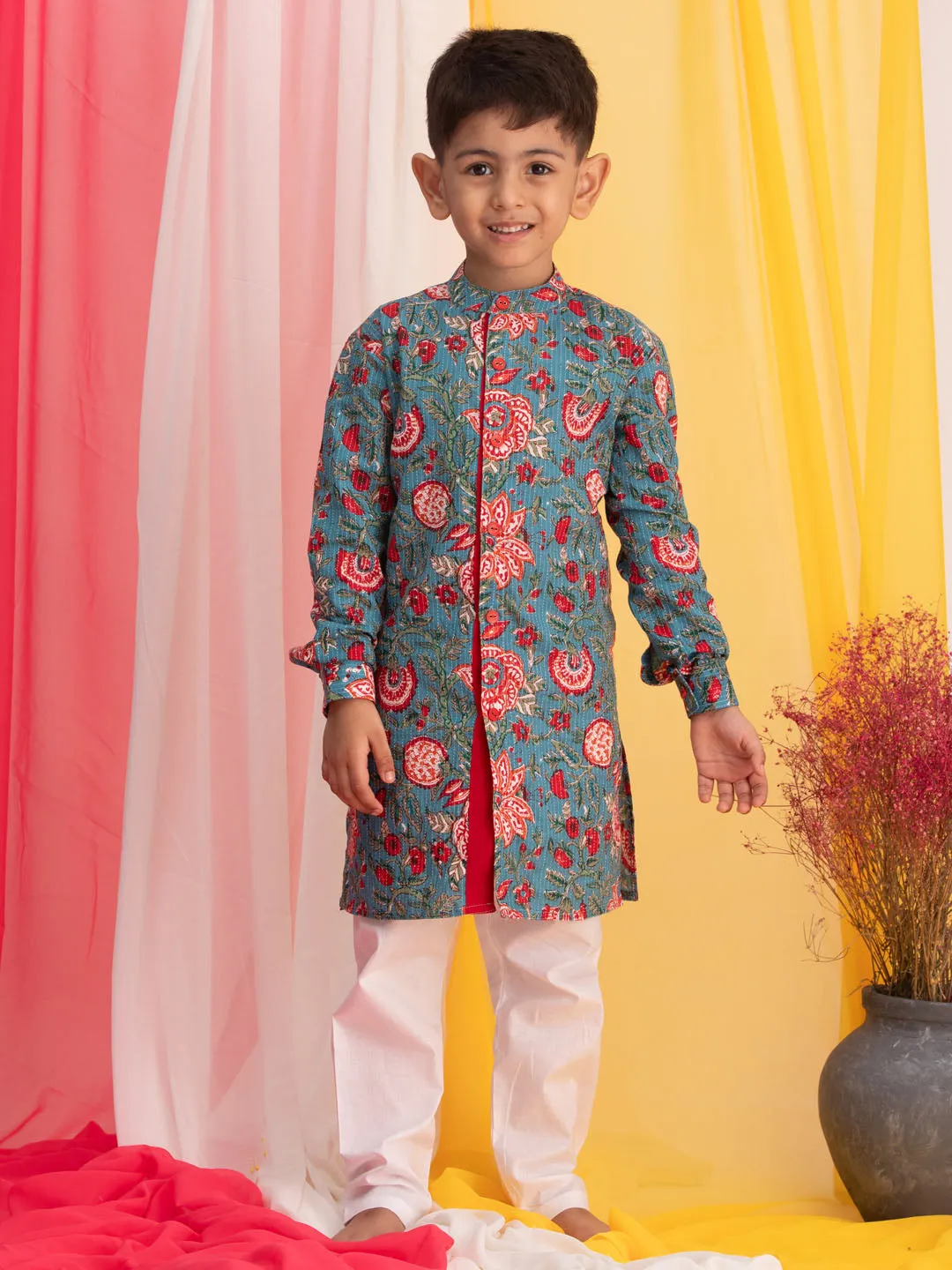 VASTRAMAY Boy's Blue Floral Print Front Open Kurta with Pyjama Set