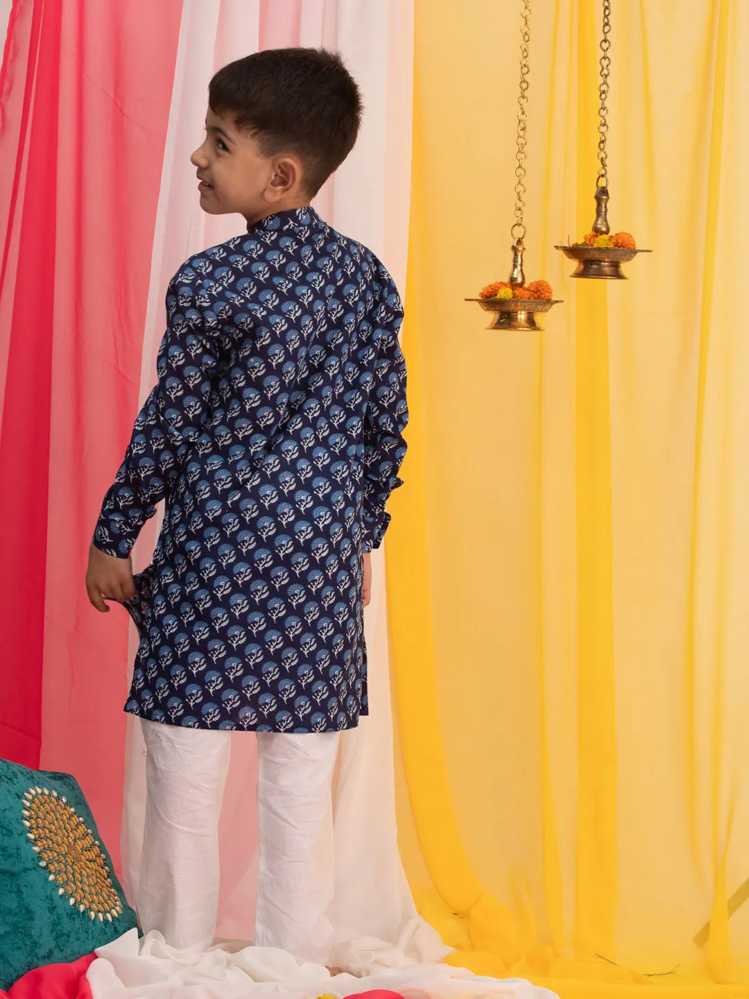 VASTRAMAY Boy's Blue Floral Printed Front Open Kurta with Pyjama Set