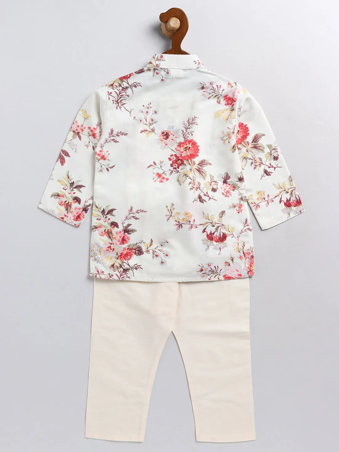 VASTRAMAY Boy's Cream Floral Printed Angrakha Kurta Pyjama Set