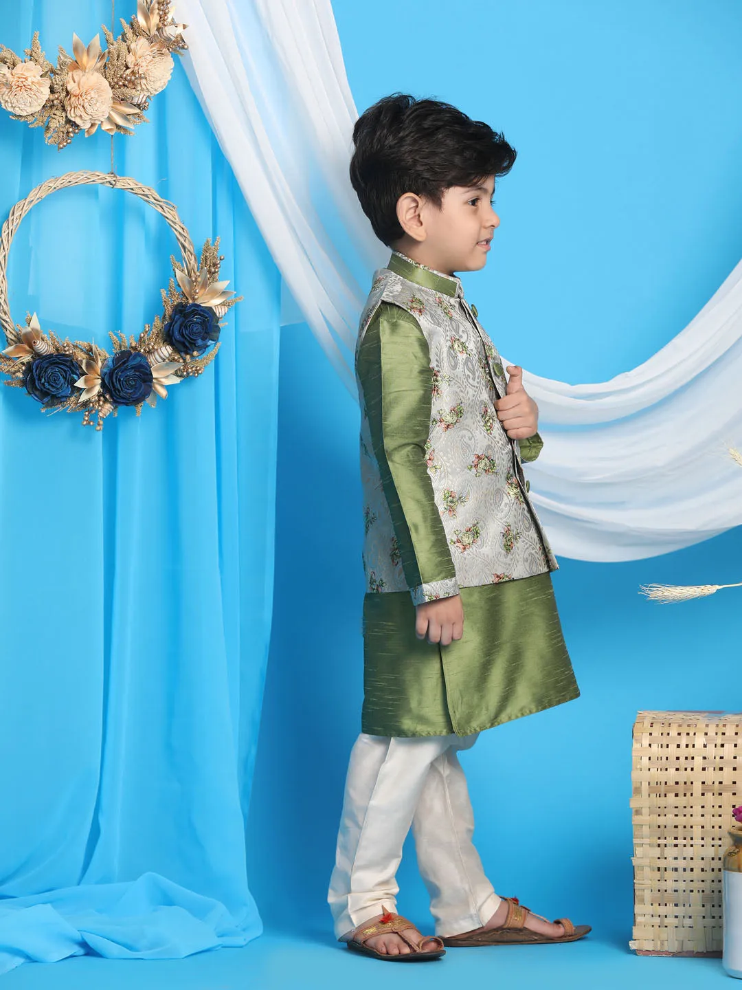 VASTRAMAY Boy's Green Floral Jacquard Jacket With Silk Kurta and Pyjama Set